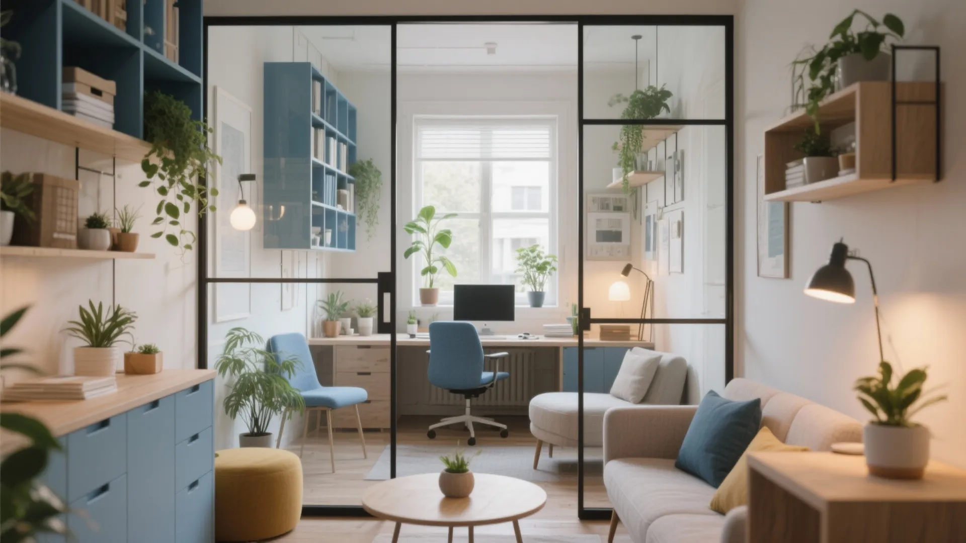 Modern home office separated by glass doors featuring blue shelving wooden desk and light sofa