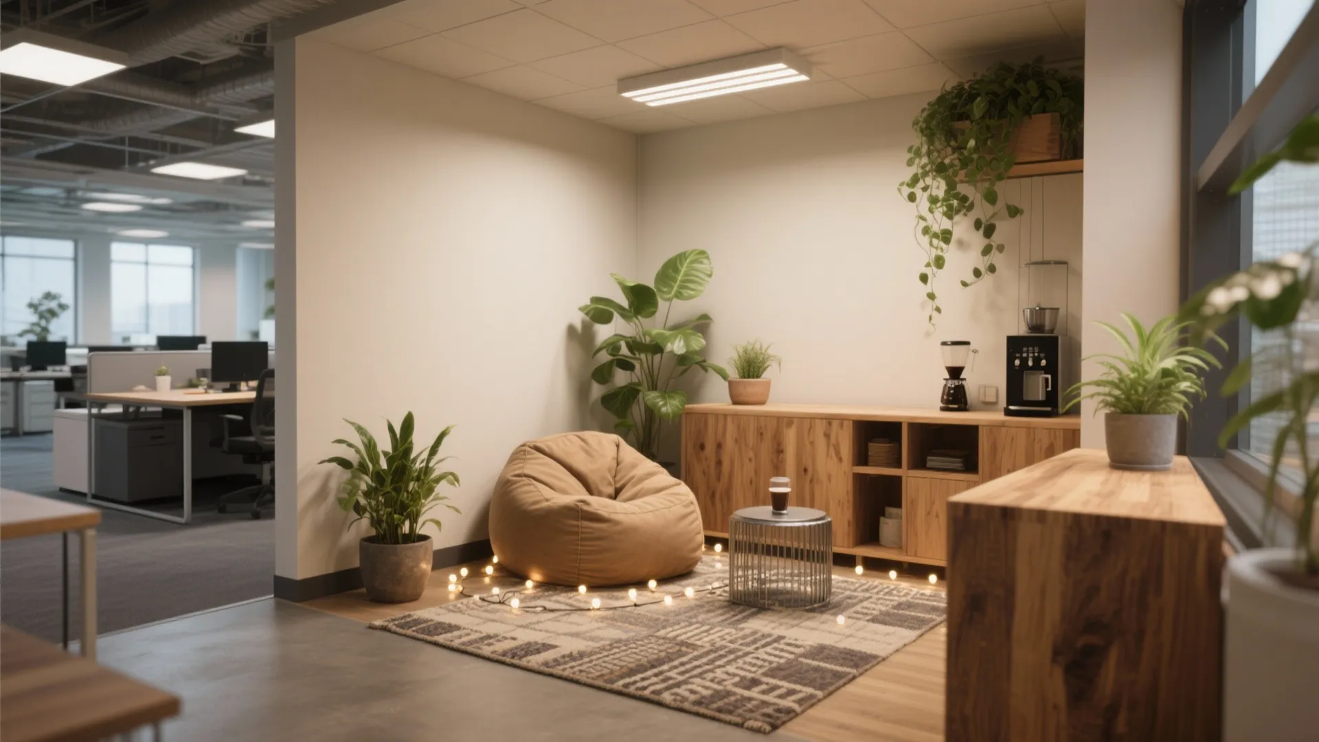 Modern office breakroom featuring bean bag chair and wood cabinet with many green indoor plants