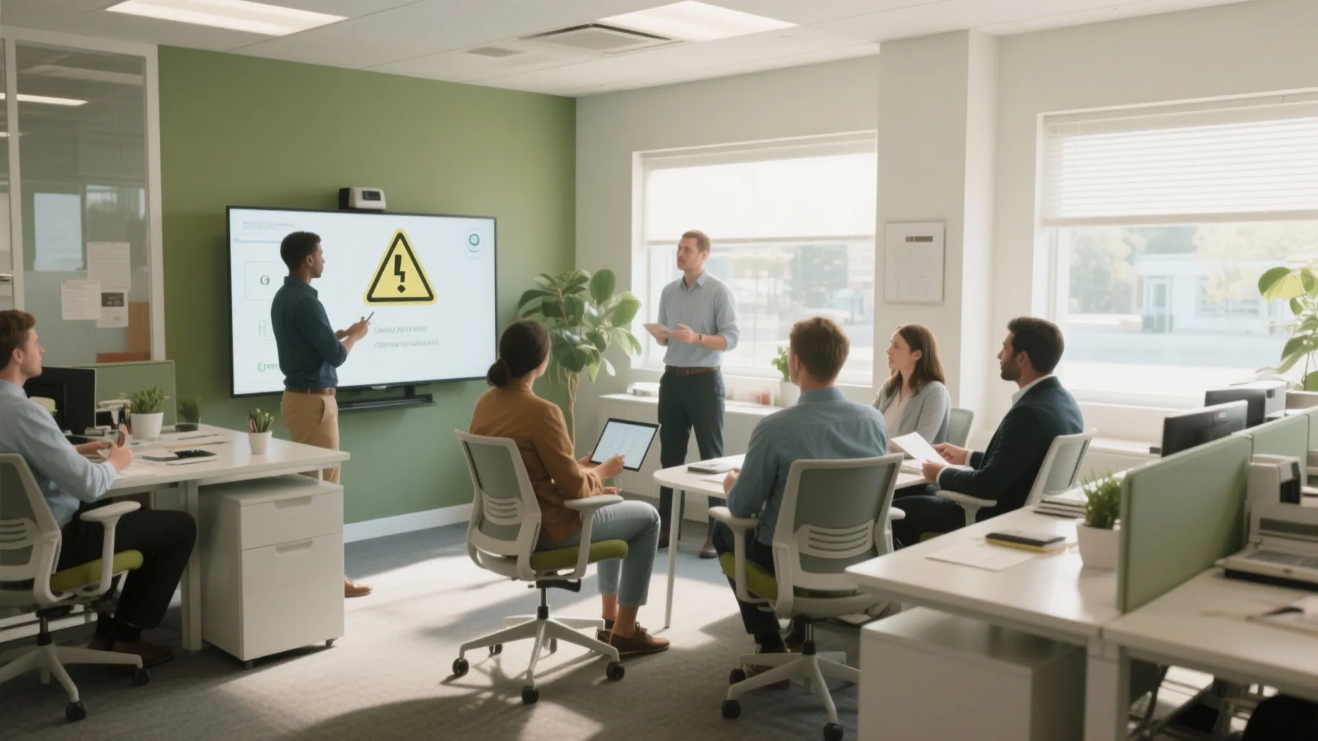 Business team having a safety meeting in a green office with a large presentation screen display
