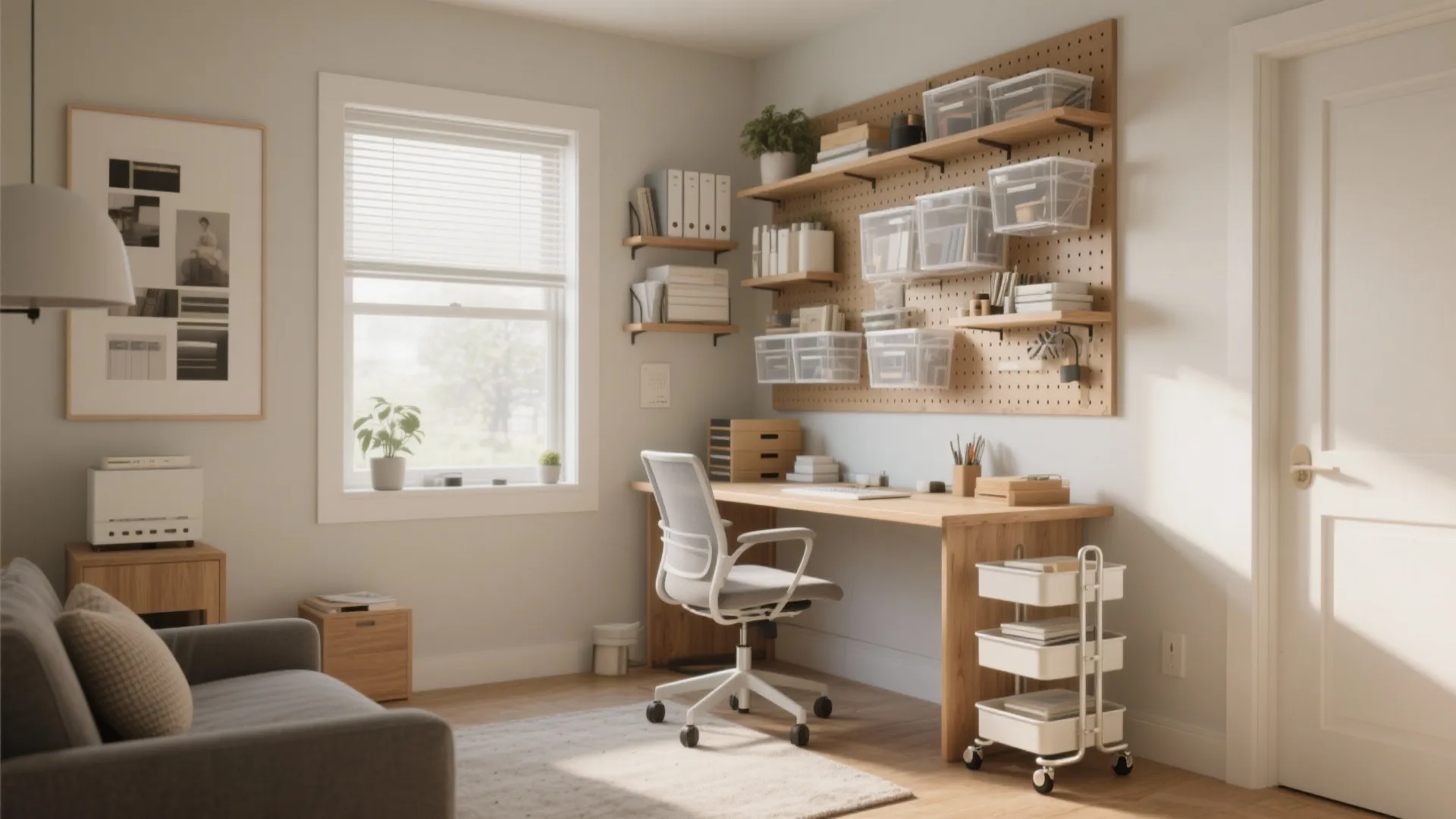 Small home office featuring wooden desk white chair wall pegboard storage shelves and natural window light