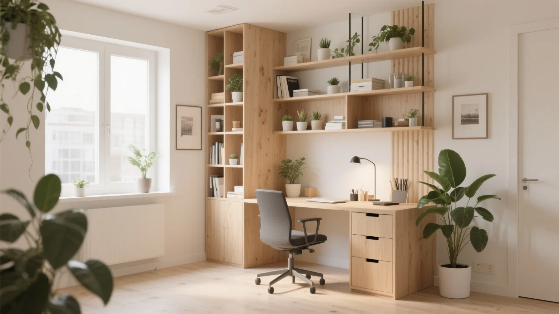 Home office with wooden desk and tall shelves filled with green plants and many books