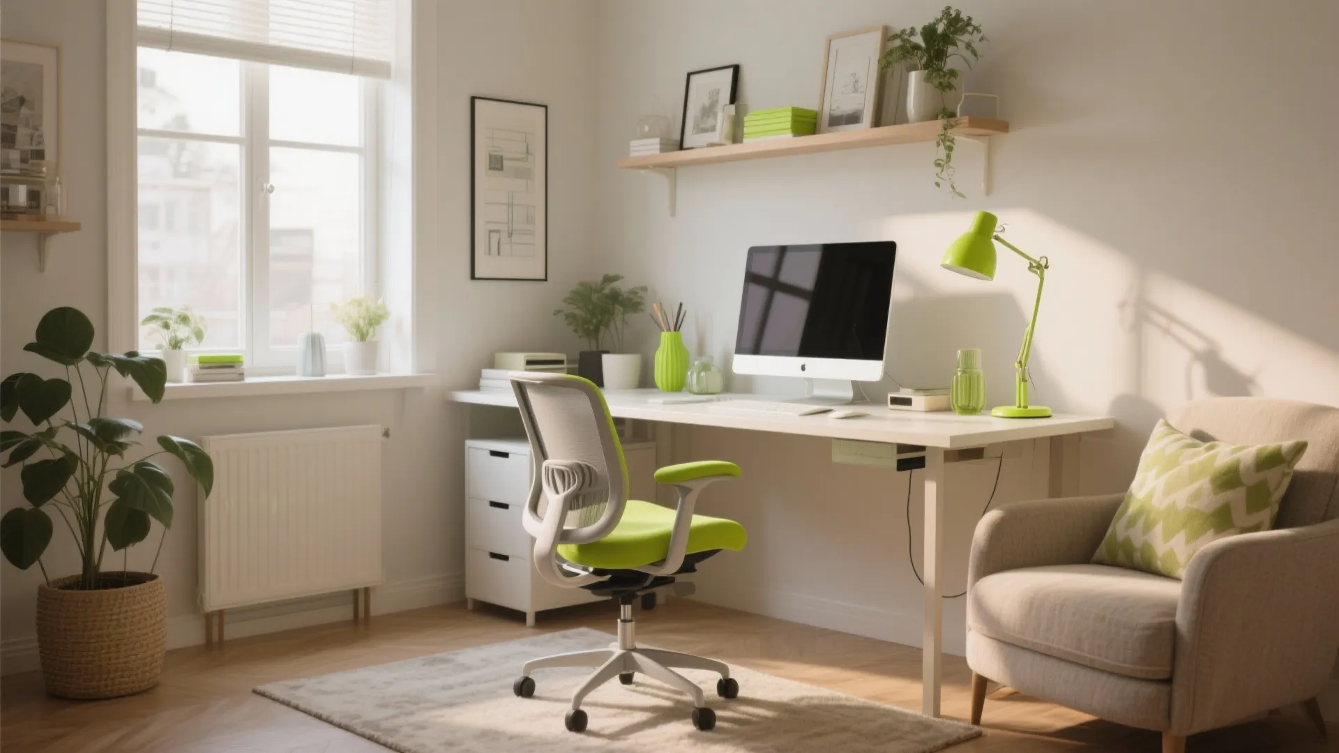 Bright home office with white desk green office chair computer green table lamp and armchair