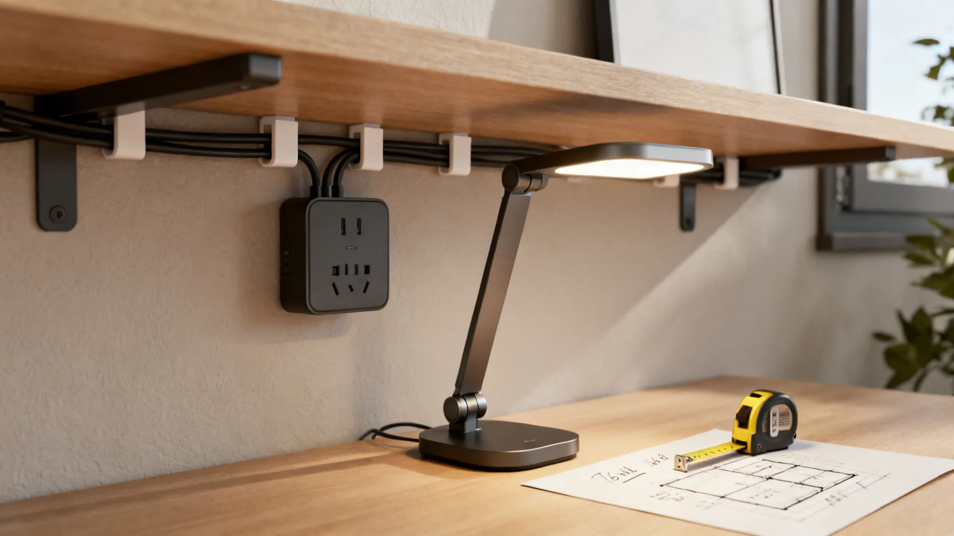 Detail of cable clips, compact power hub, and an adjustable LED task lamp illustrating practical tips for small offices.