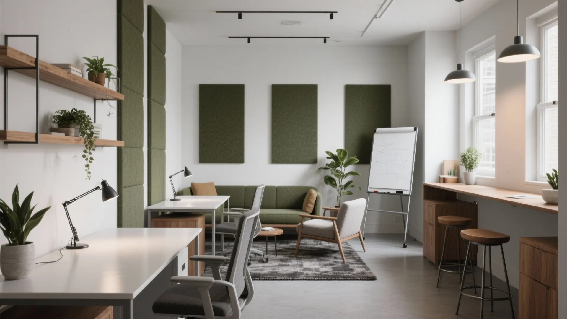 Modern open office with green wall panels white desks grey chairs sofa and wooden bar stools
