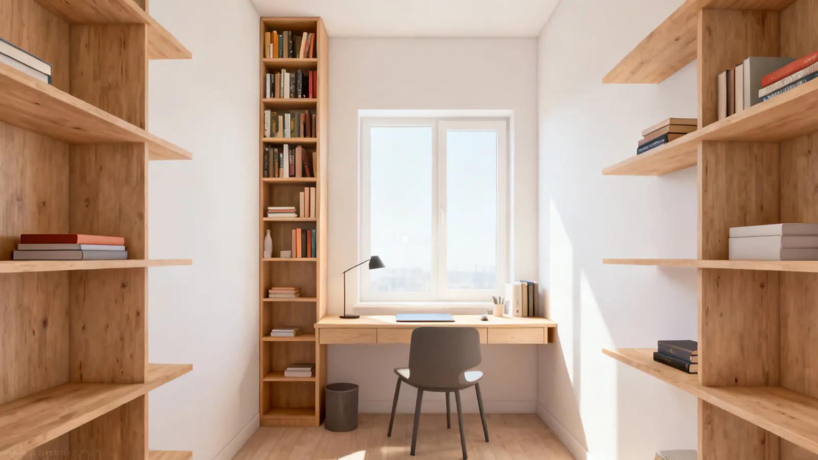 small home office with tall vertical bookcase storage