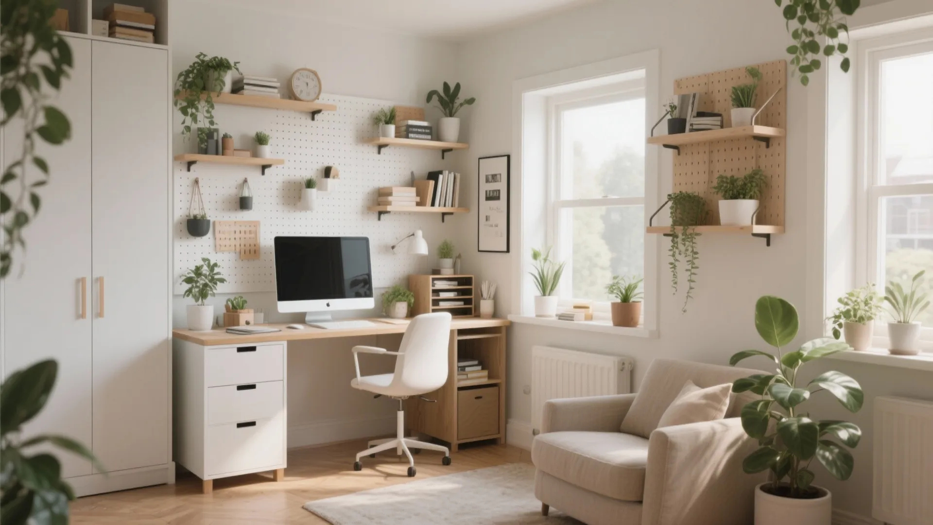 Bright home office with wooden wall shelves and a desk near a window and sofa