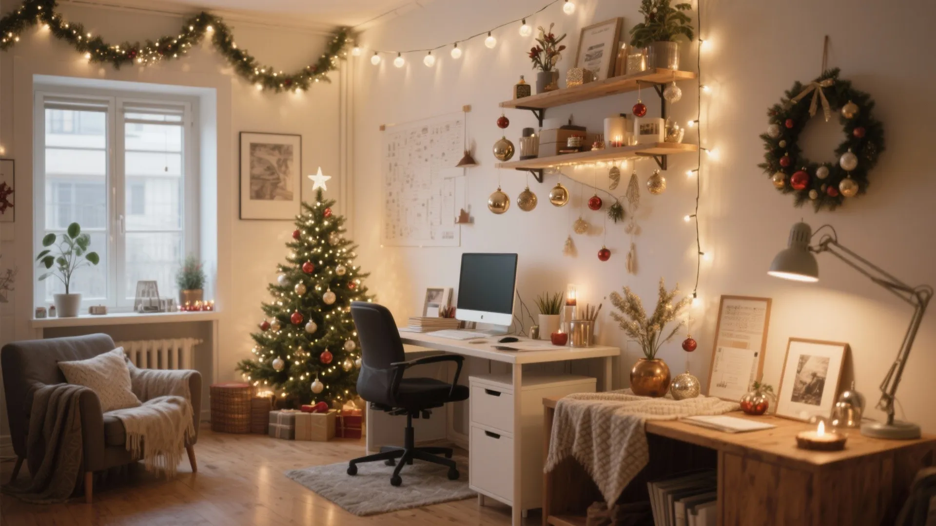 Small home office with decorated Christmas tree white desk black chair and warm string lights
