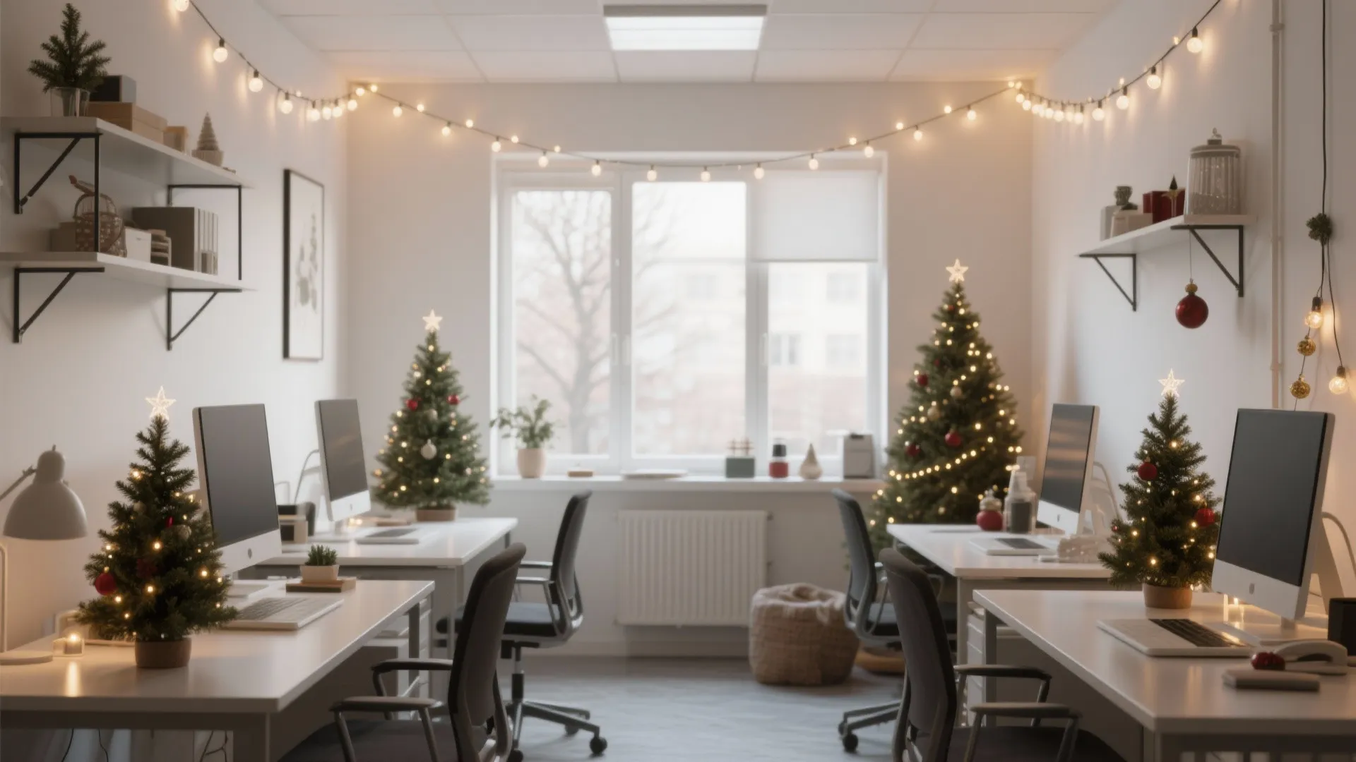 Bright small office space with multiple desks computers small Christmas trees and hanging string lights