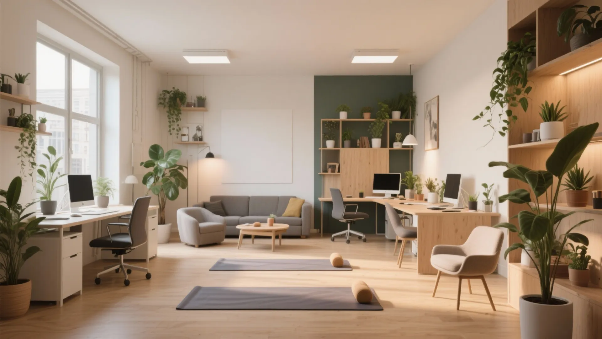 Modern home office with grey yoga mats on floor green plants sofa and two desks