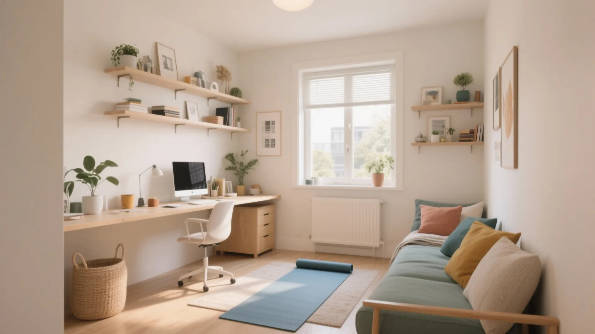 Modern home office with wooden desk white chair yoga mat sofa wall shelves and natural light