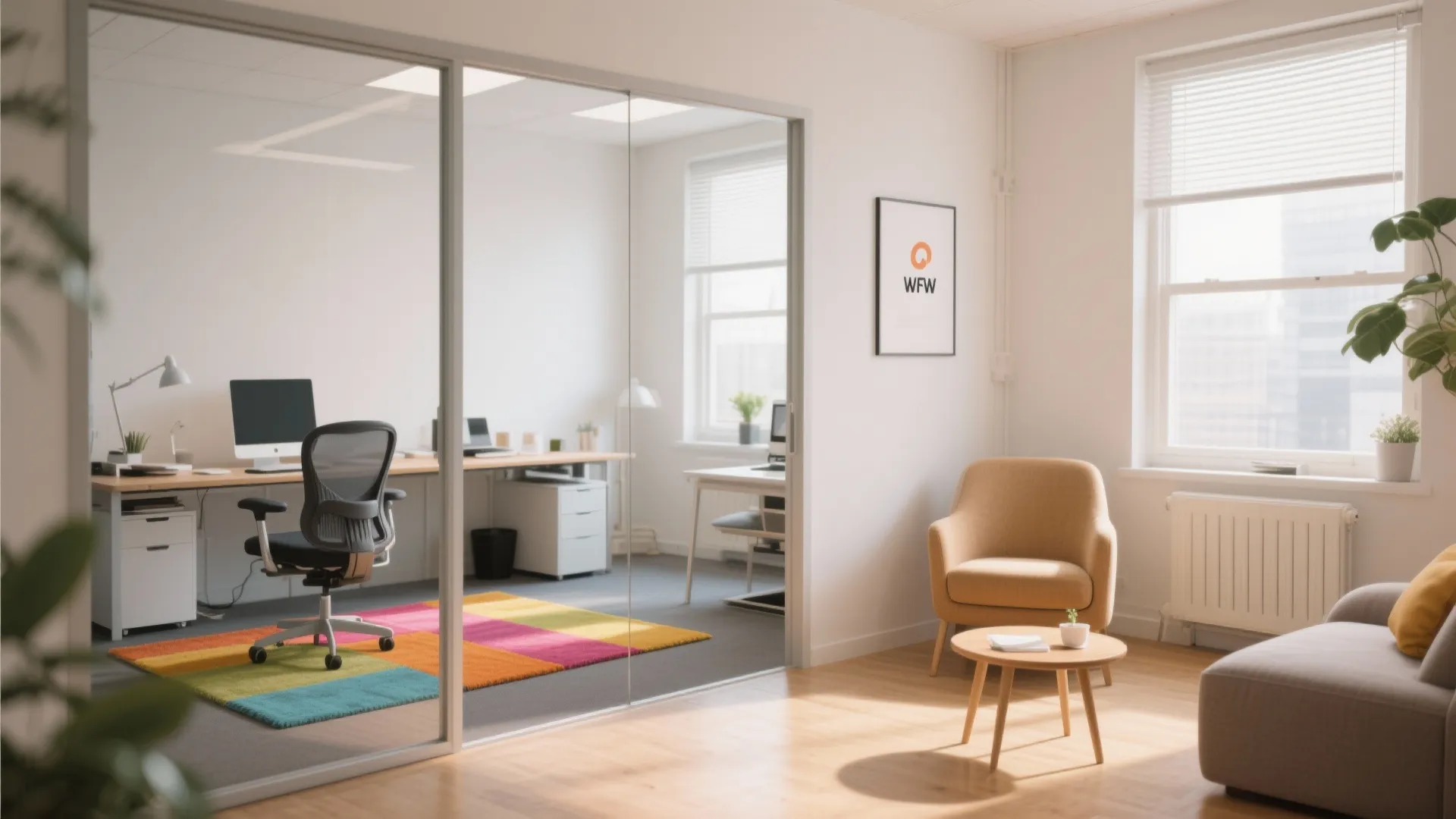 Small office split into work and rest zones with colorful rug