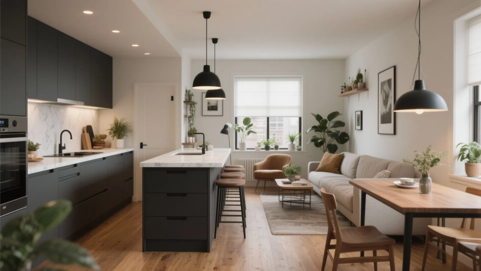 Open plan living room and kitchen with black cabinets island sofa wooden floor and hanging lights