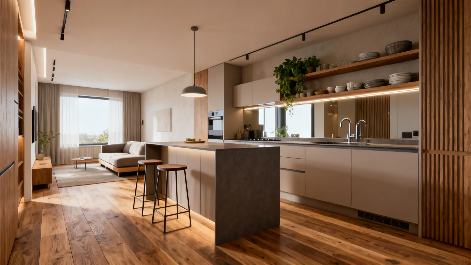 Modern open kitchen with island breakfast bar wooden flooring grey sofa and warm light fixture lighting