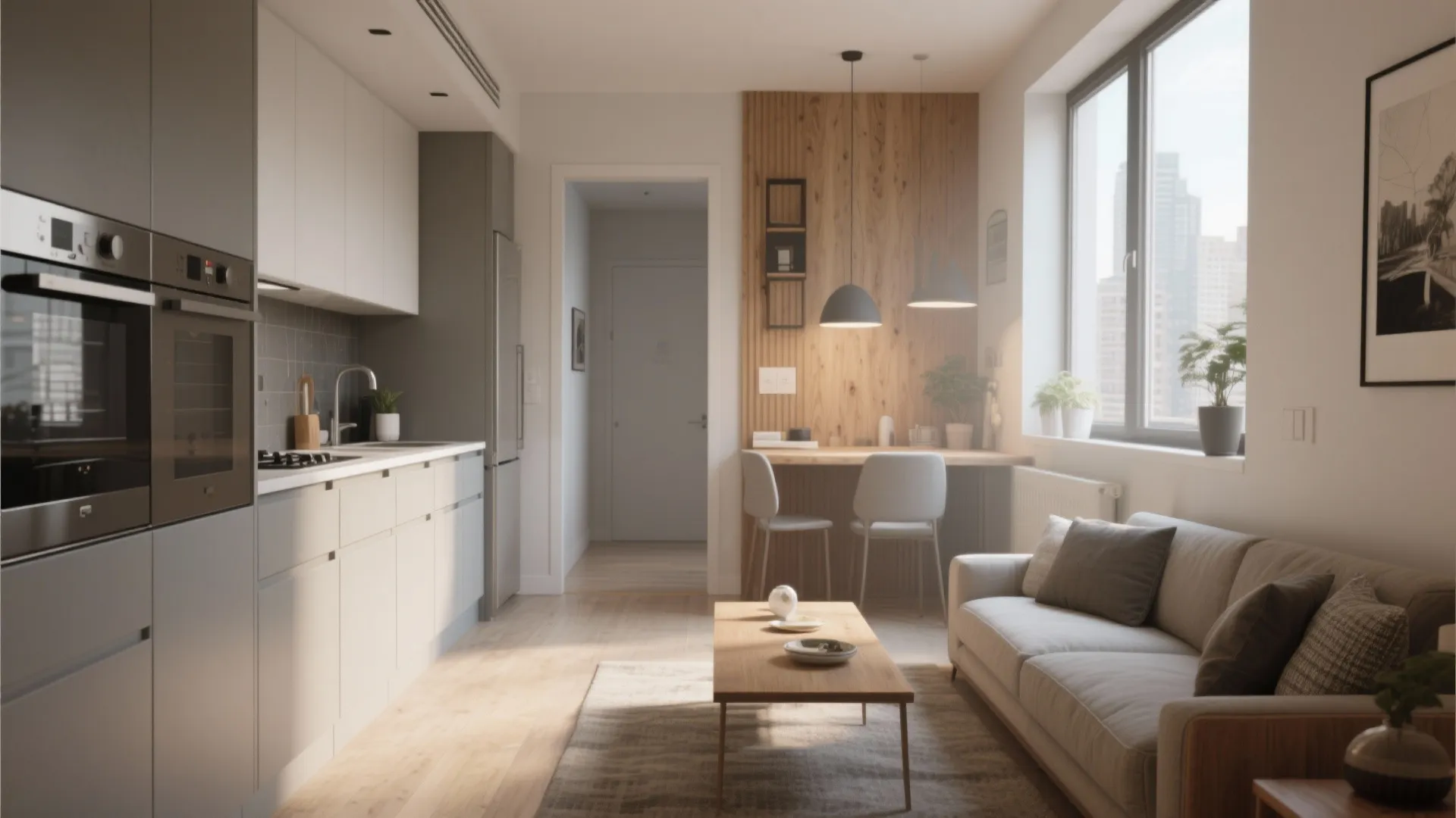 Modern small apartment room layout with kitchen cabinets grey sofa wooden coffee table and windows