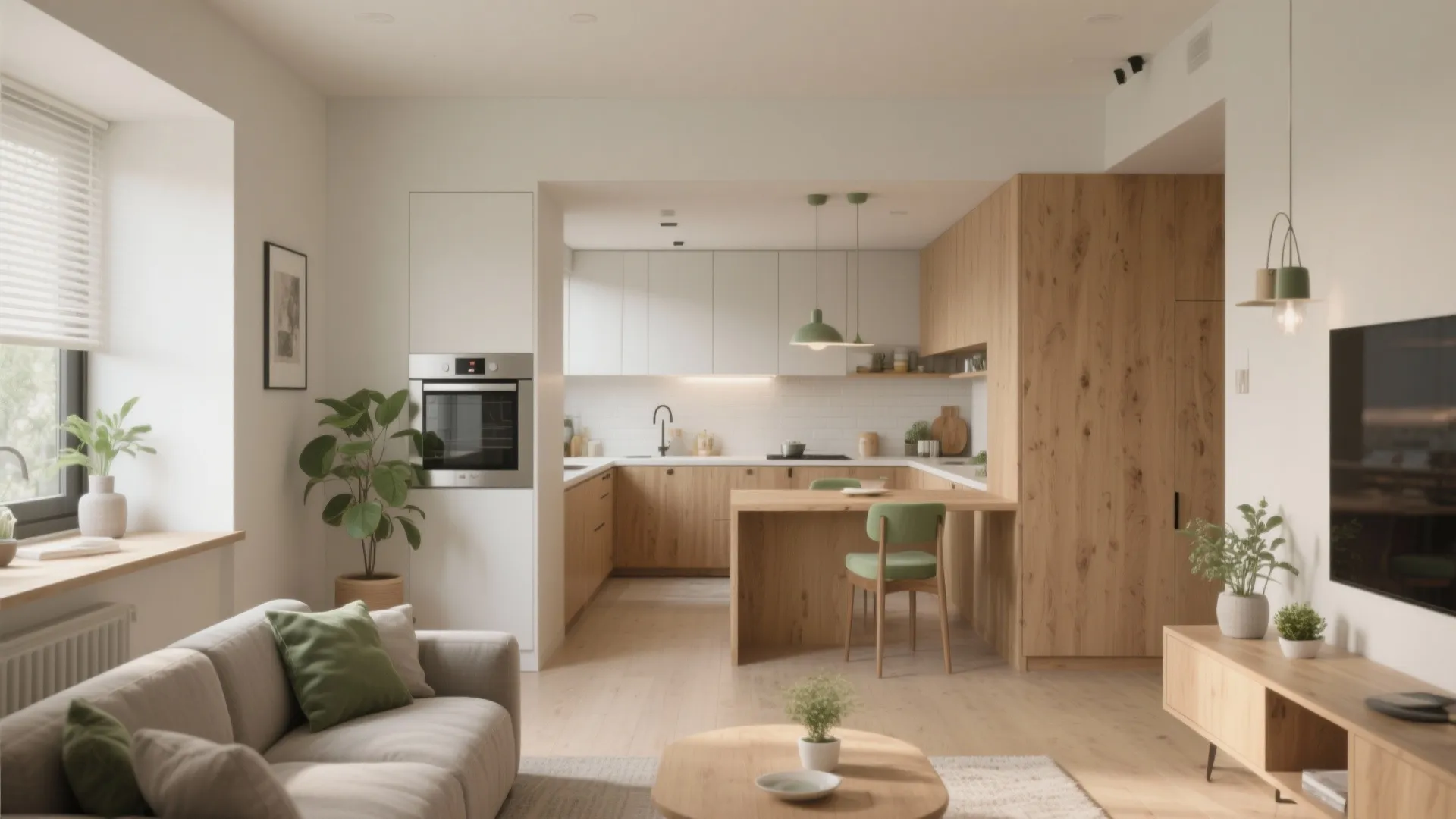 Modern open plan living room with green sofa pillows, wooden kitchen cabinets, and stylish ceiling lights
