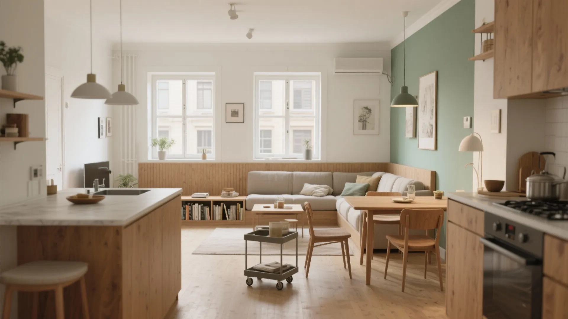 Open plan living area with grey sofa wooden dining table green wall and bright windows