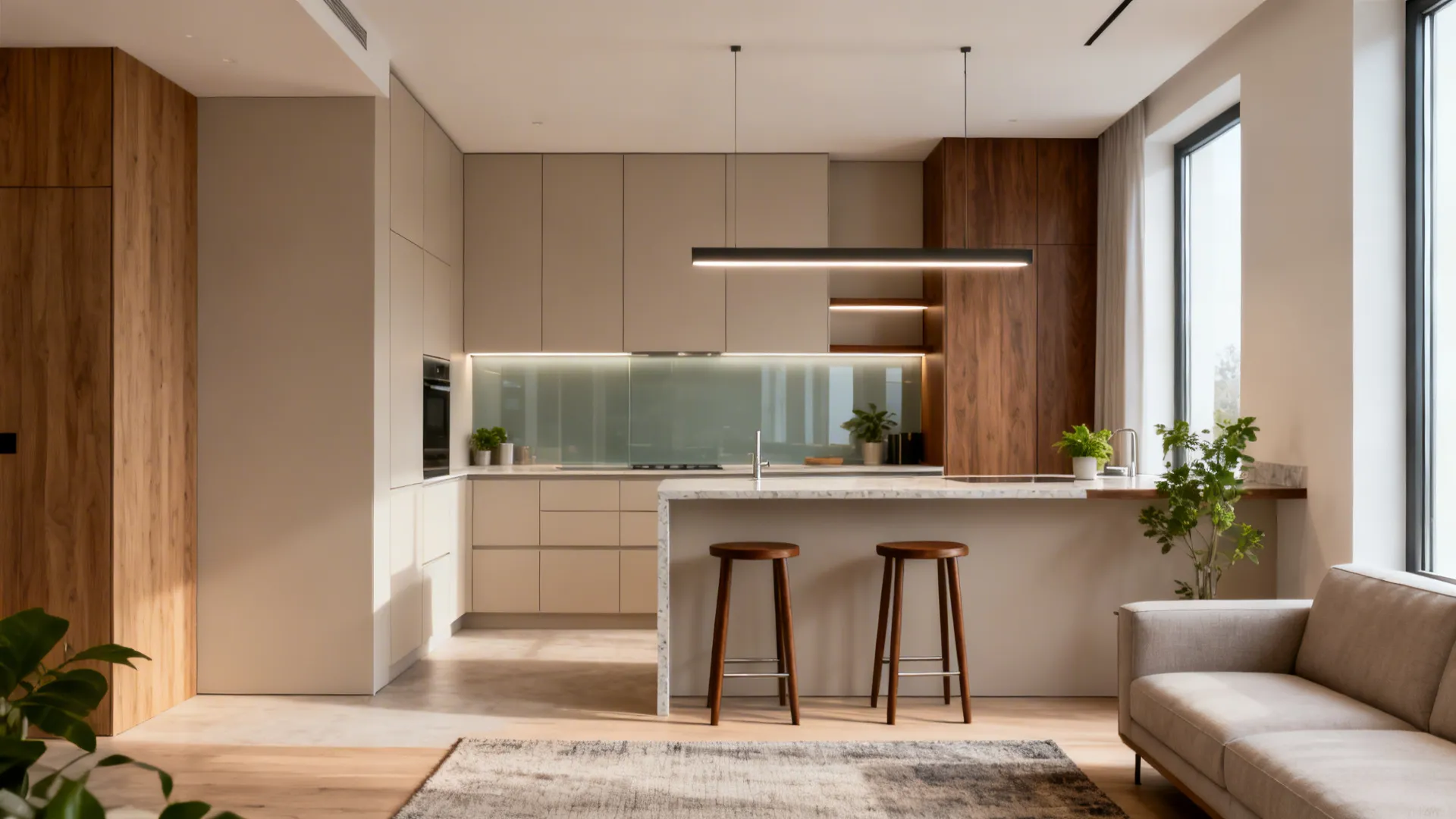 Modern open kitchen with wooden cabinets white island two stools and sofa in living room