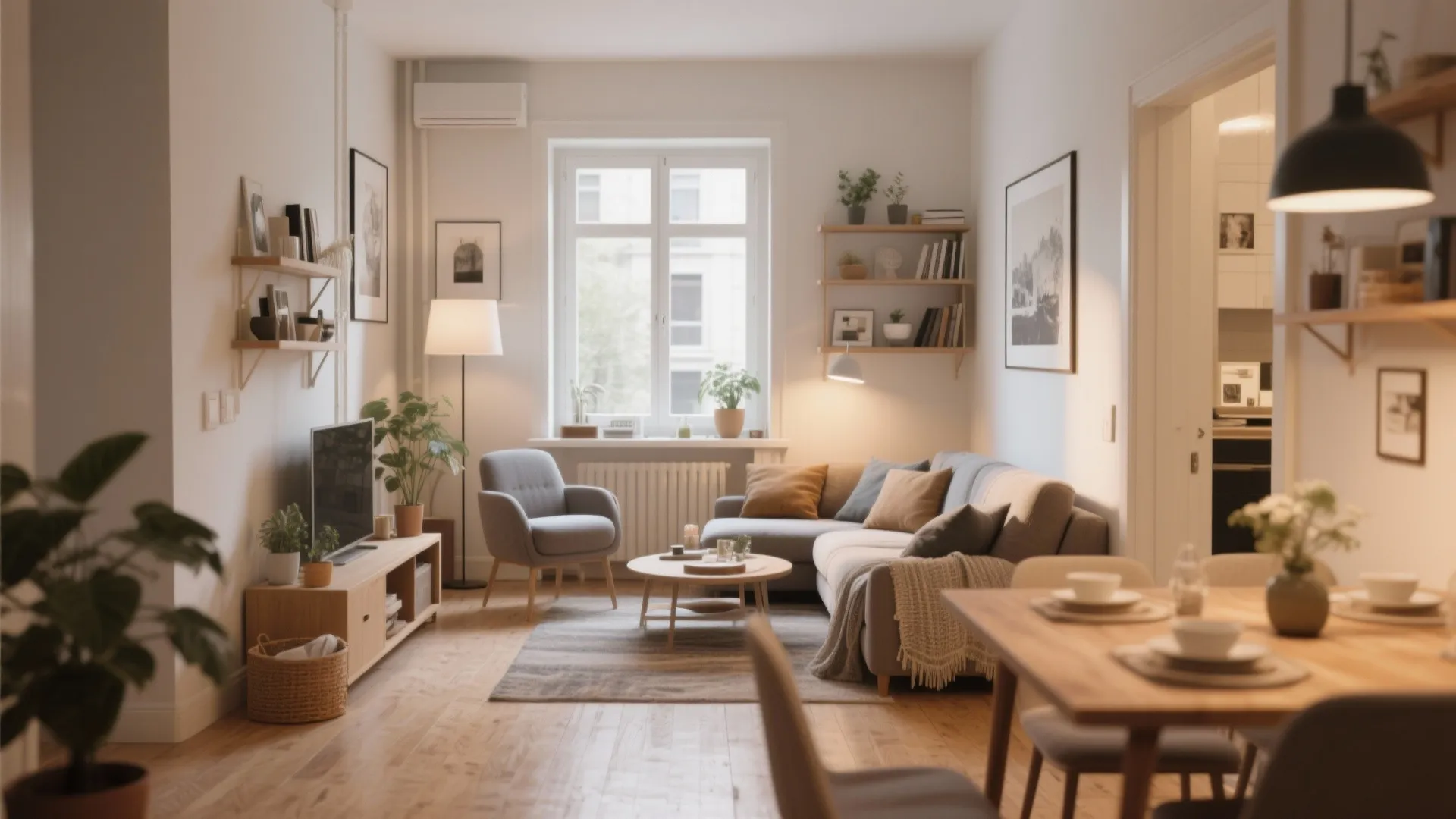 Cozy small living room with grey sofa armchair wooden floor and bright window in apartment