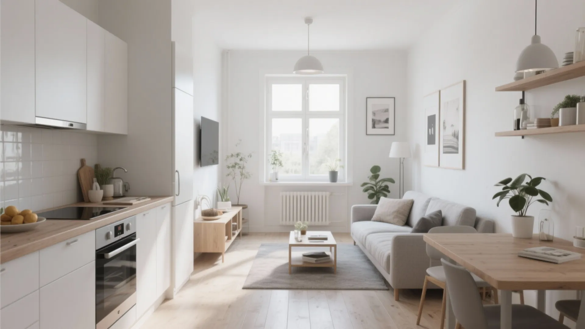 Small open plan studio apartment with white kitchen grey sofa wooden table and natural light