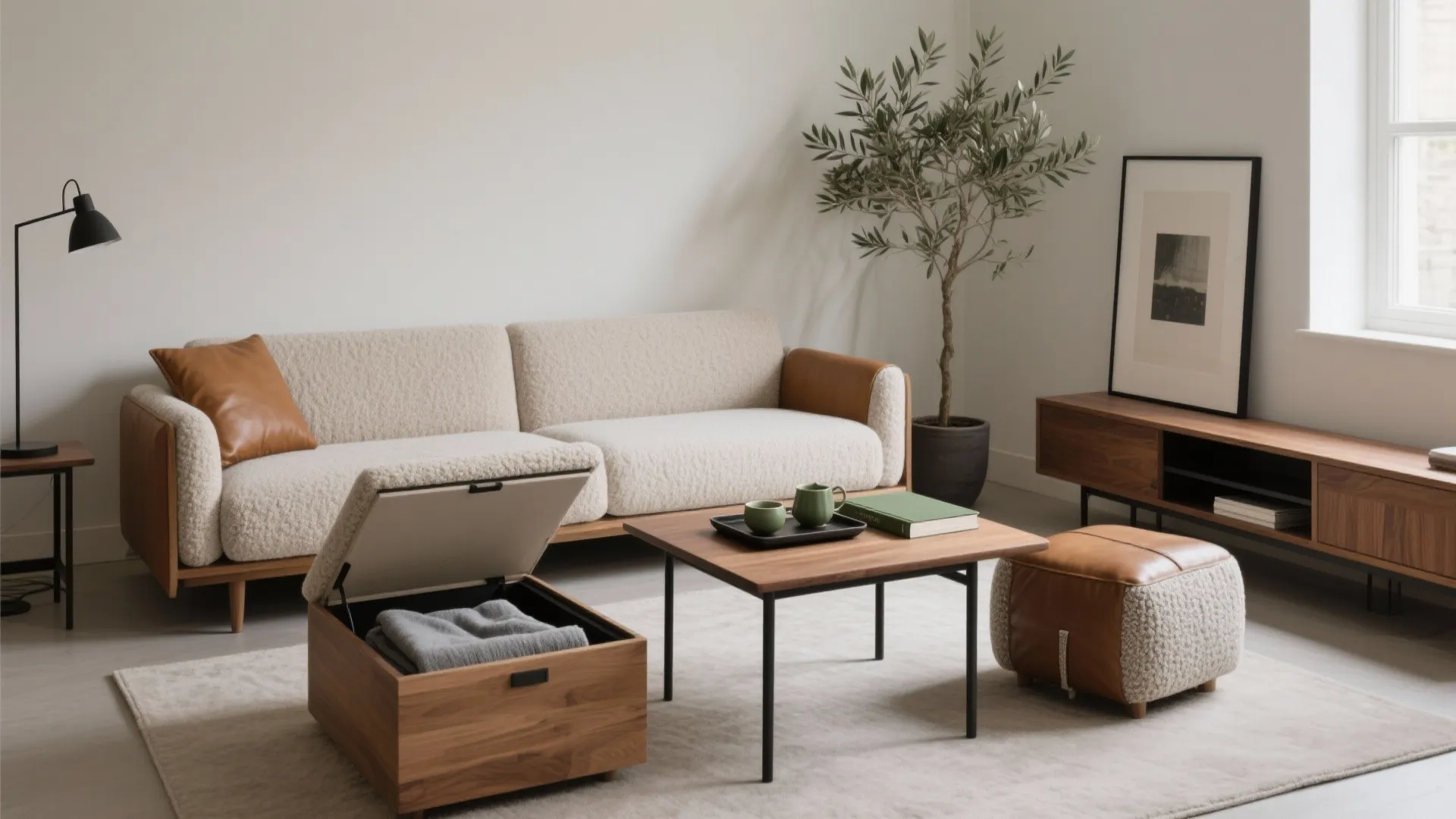 Modern living room with white sofa, wooden coffee table, storage footrest, potted plant, and cabinet
