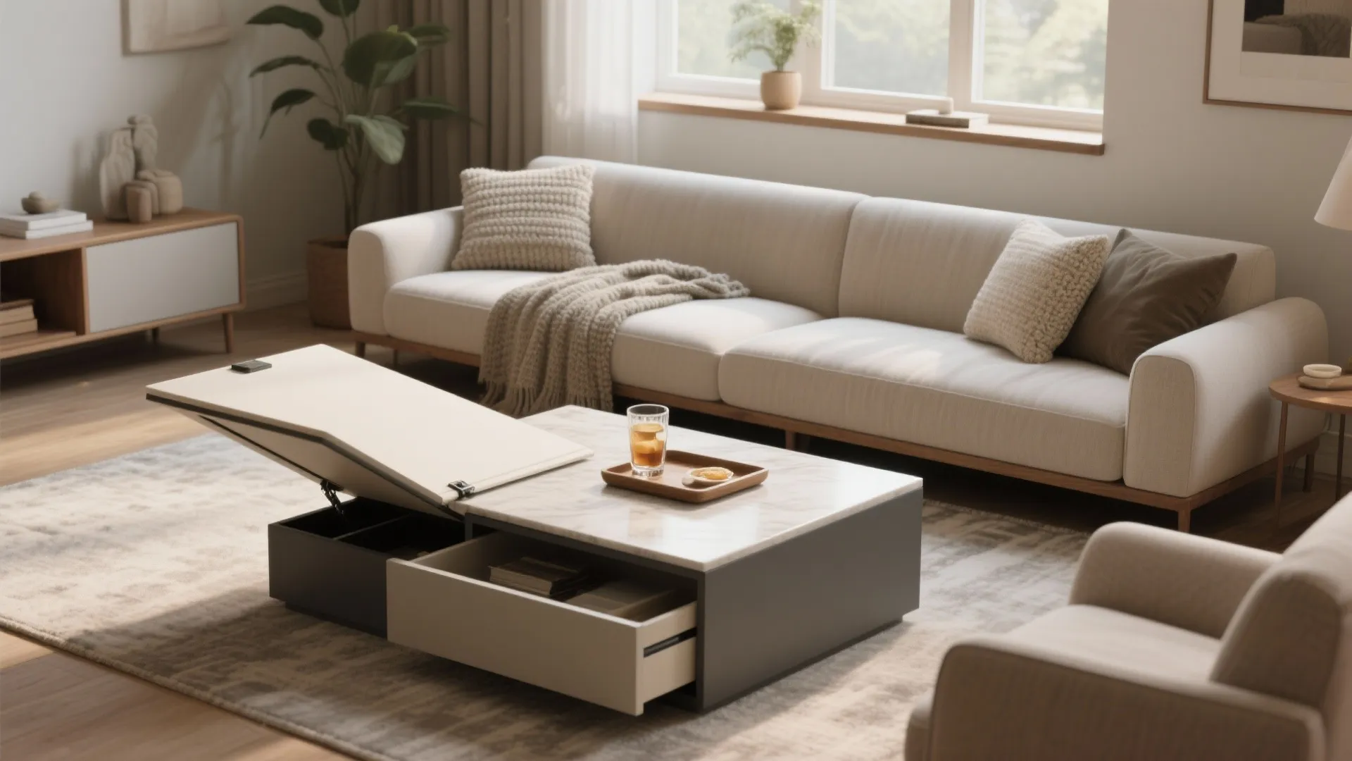Modern living room featuring a long white sofa and coffee table with hidden storage space