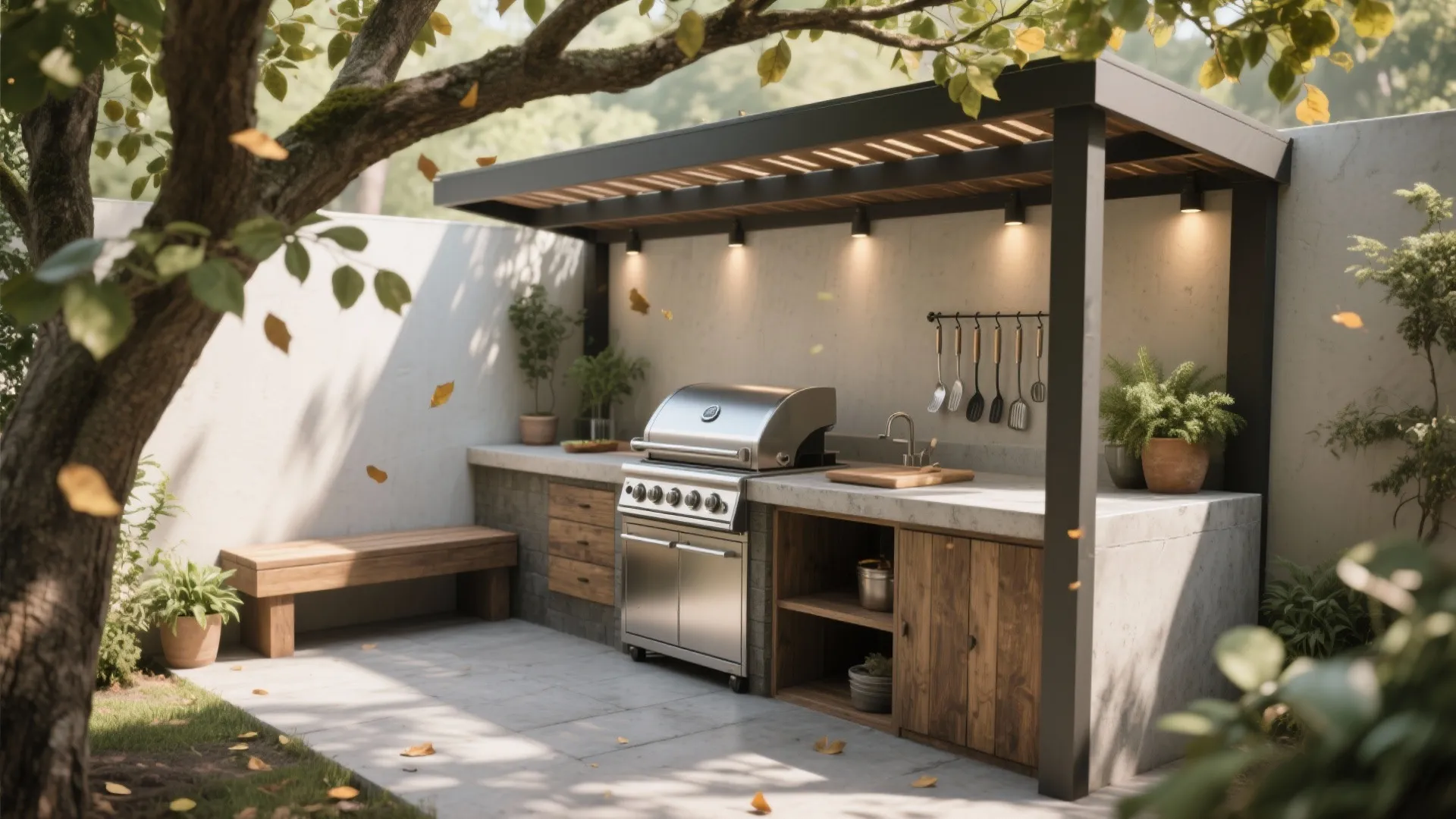 Compact outdoor kitchen with a stainless steel grill concrete counter wall lights and wooden cabinets