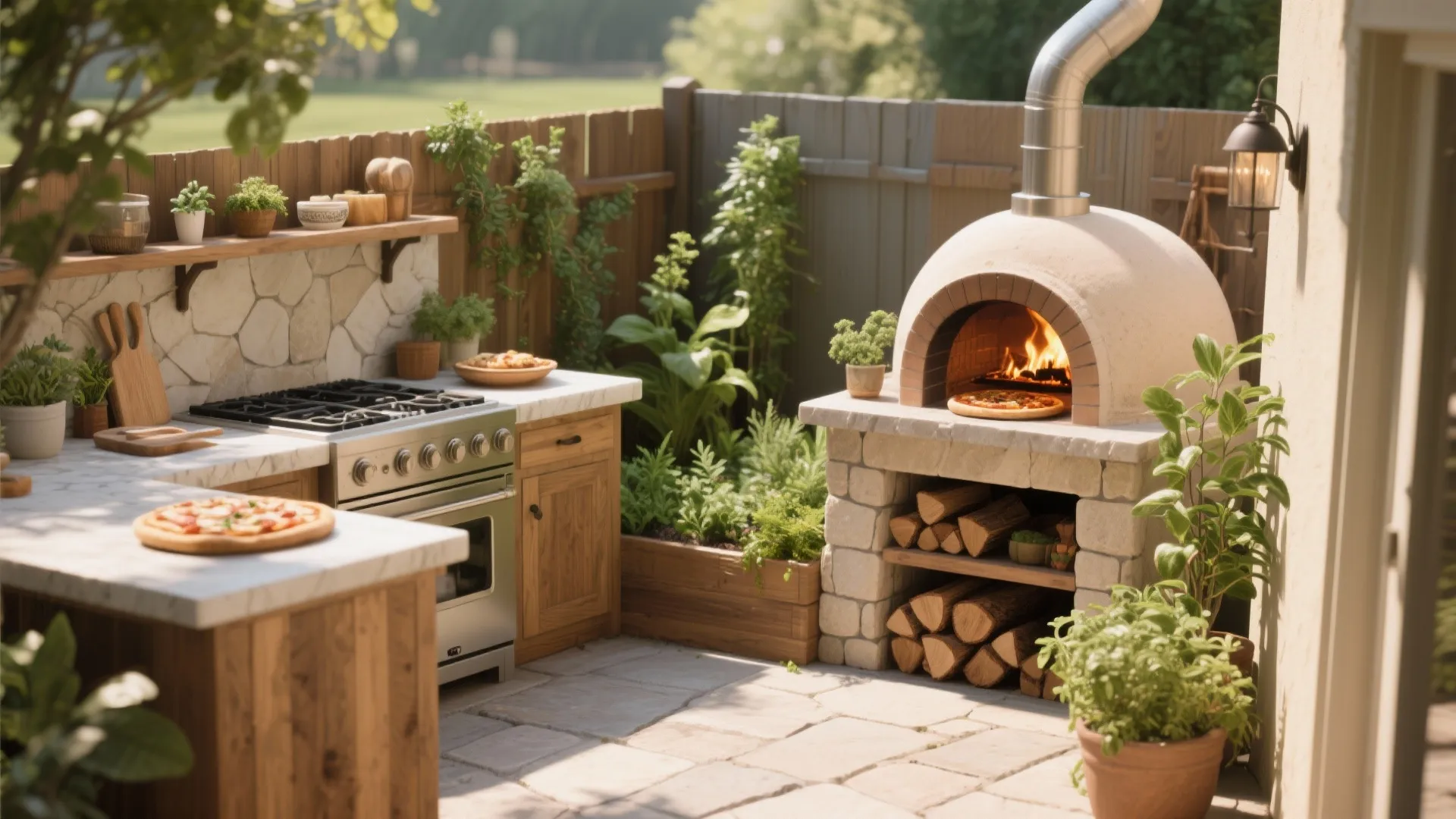 Small outdoor kitchen with wood cabinets marble counters stone pizza oven and green plants outside