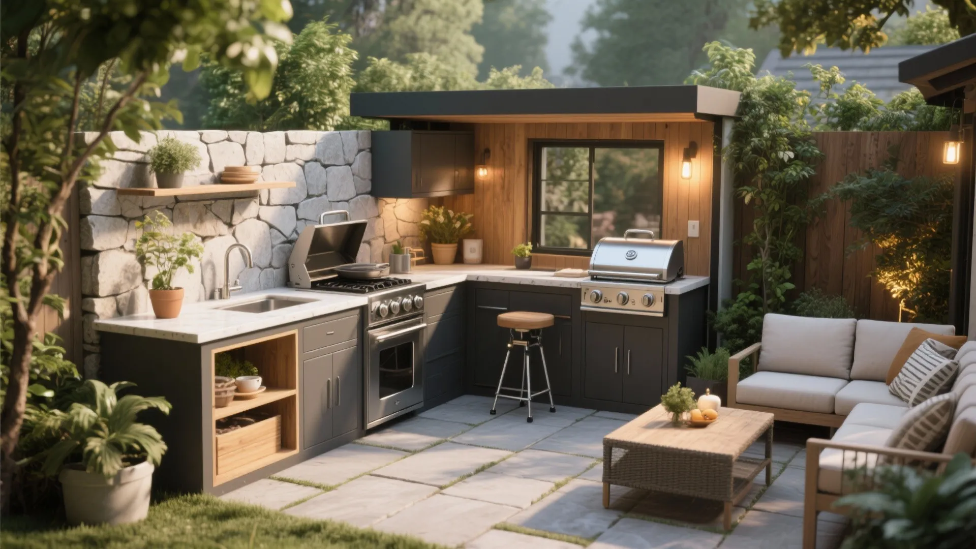 Modern outdoor kitchen with grey cabinets stone wall grill sink stool and comfy garden sofa