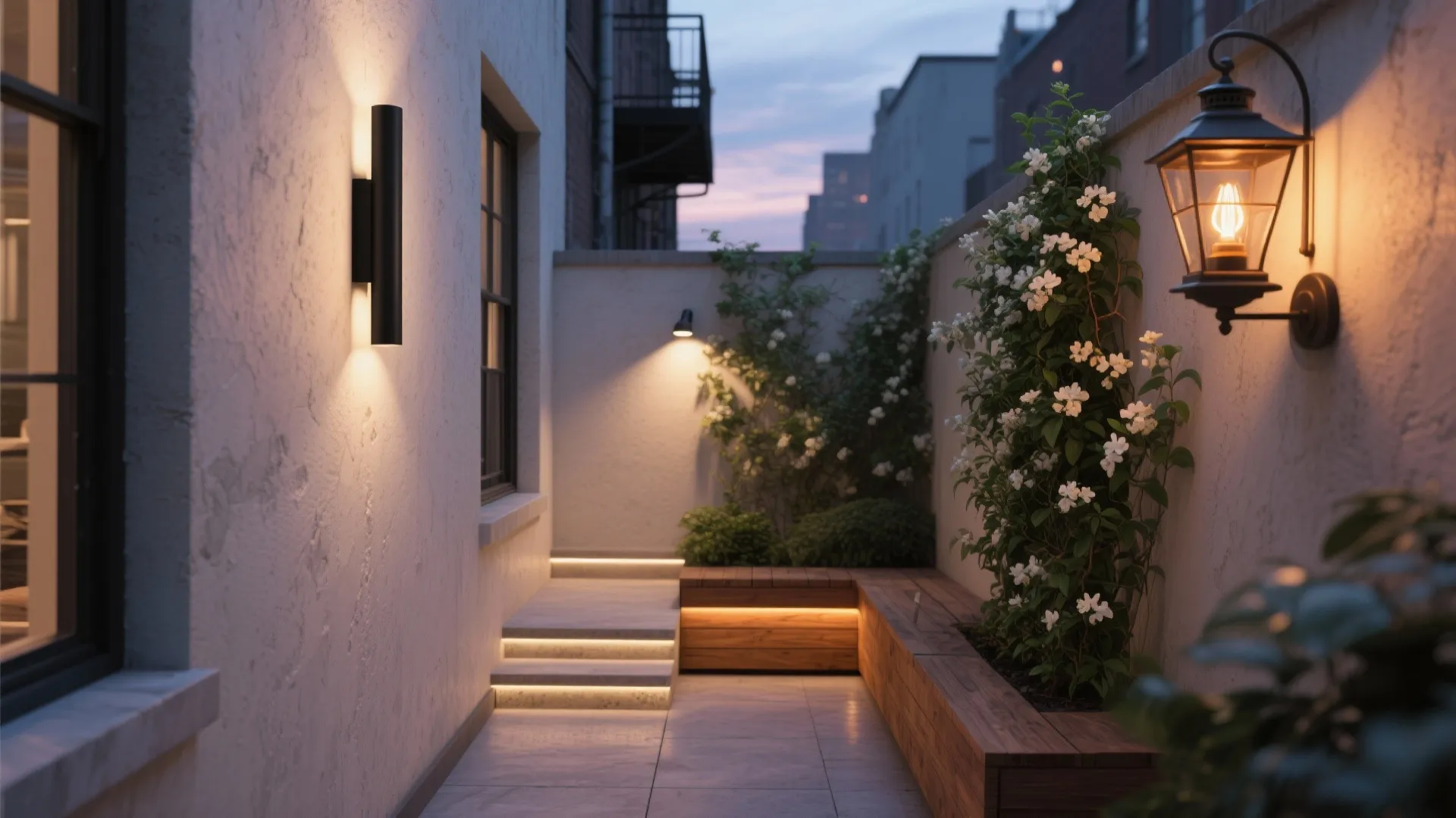 Small outdoor patio with wall lights wooden bench steps lighting white flowers and stone tiles