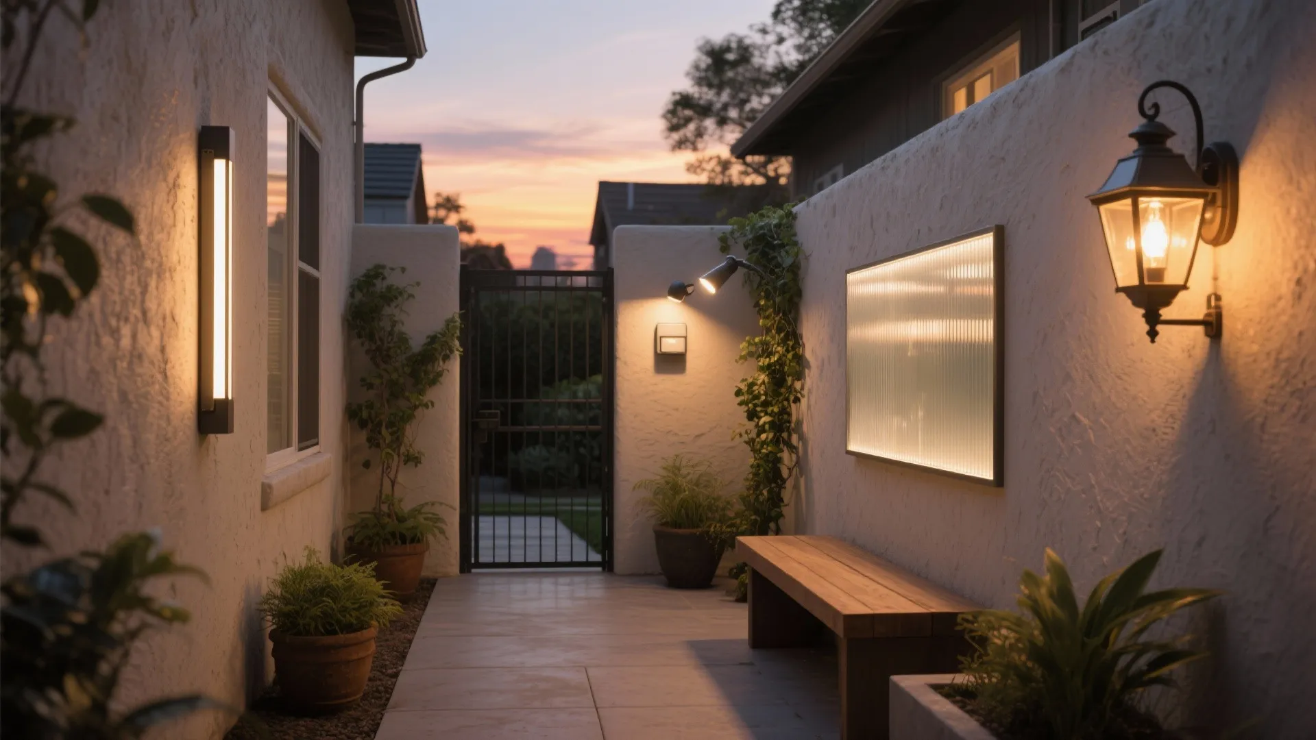 Outdoor walkway with wall light fixtures wooden bench potted plants and black metal gate at sunset