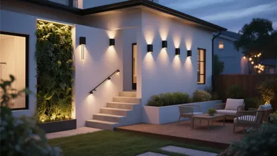 Modern Outdoor Patio with Vertical Garden & Warm Lighting