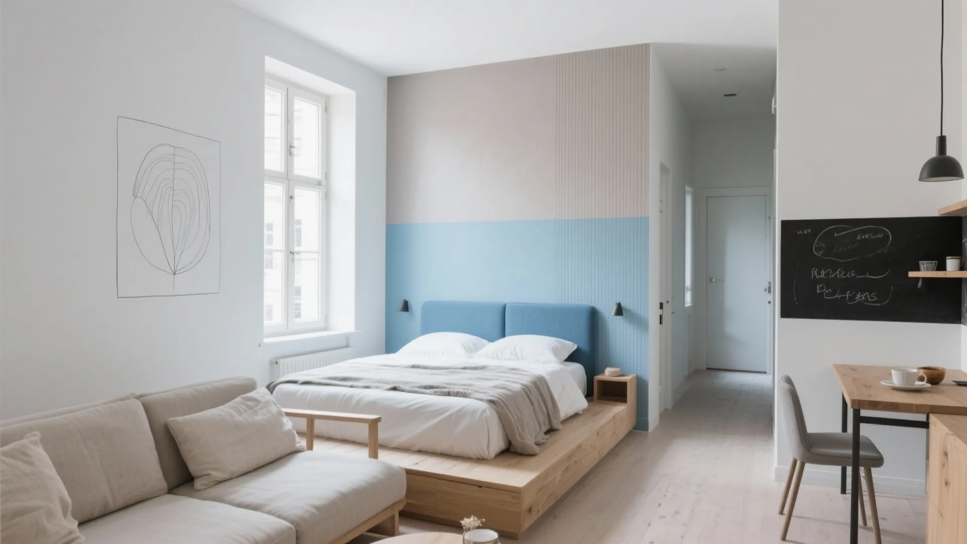 Modern studio apartment with blue accent wall wooden bed frame light grey sofa and desk