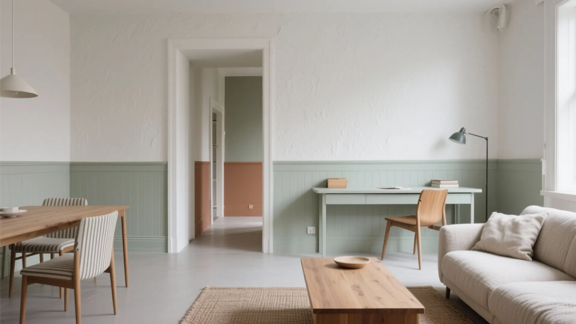 Modern room with green wall panels wooden desk white sofa table and a minimalist chair
