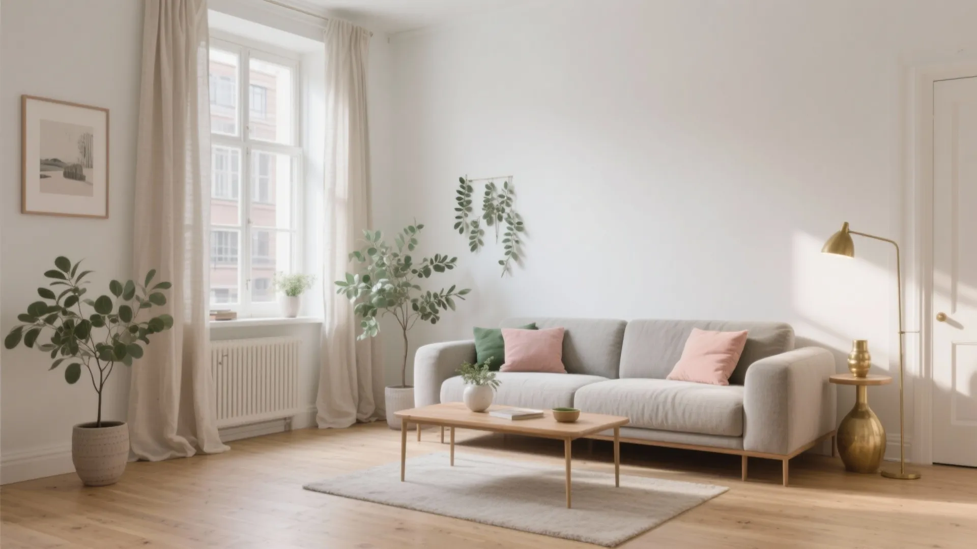 Grey sofa with pink cushions in a living room with plants and a wooden coffee table
