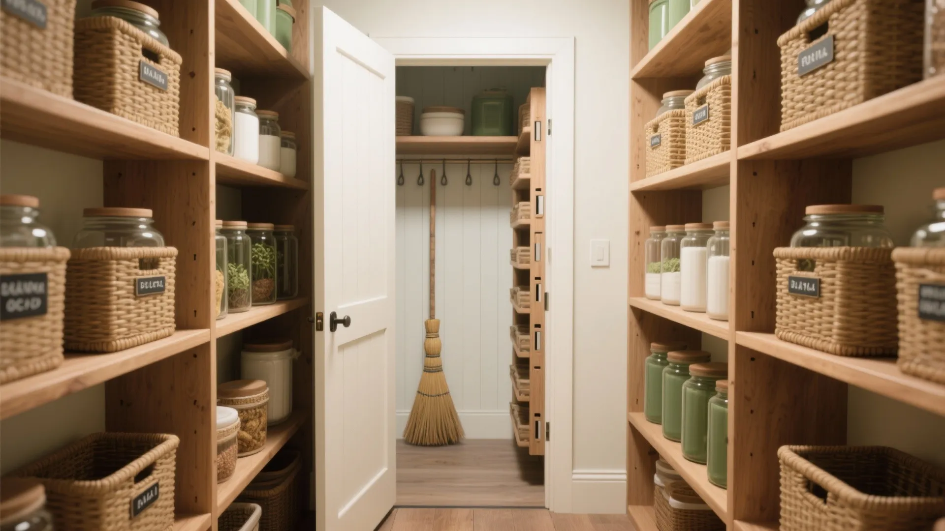 Small organized walk-in pantry with wooden shelves, woven baskets, glass storage jars, and a broom