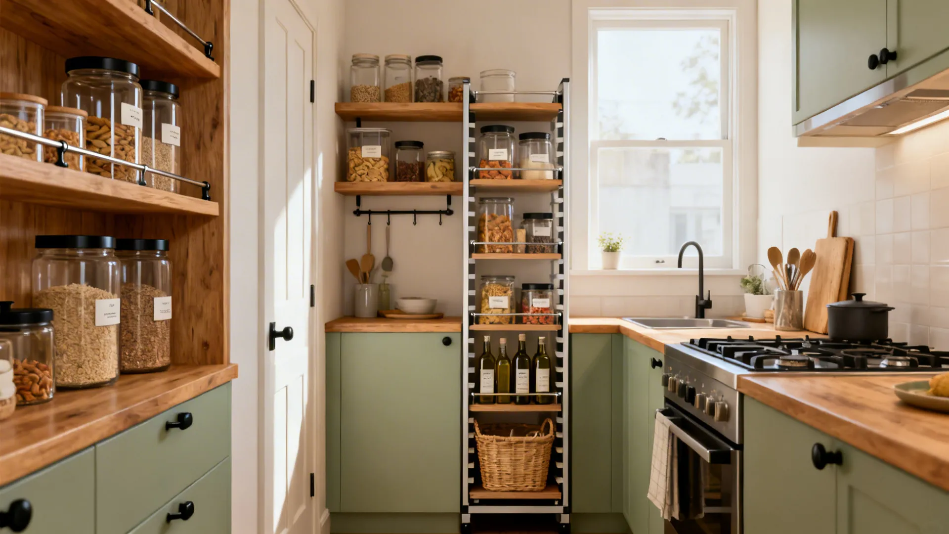 Modern kitchen with green cabinets wooden countertops and a tall vertical rack for storing jars