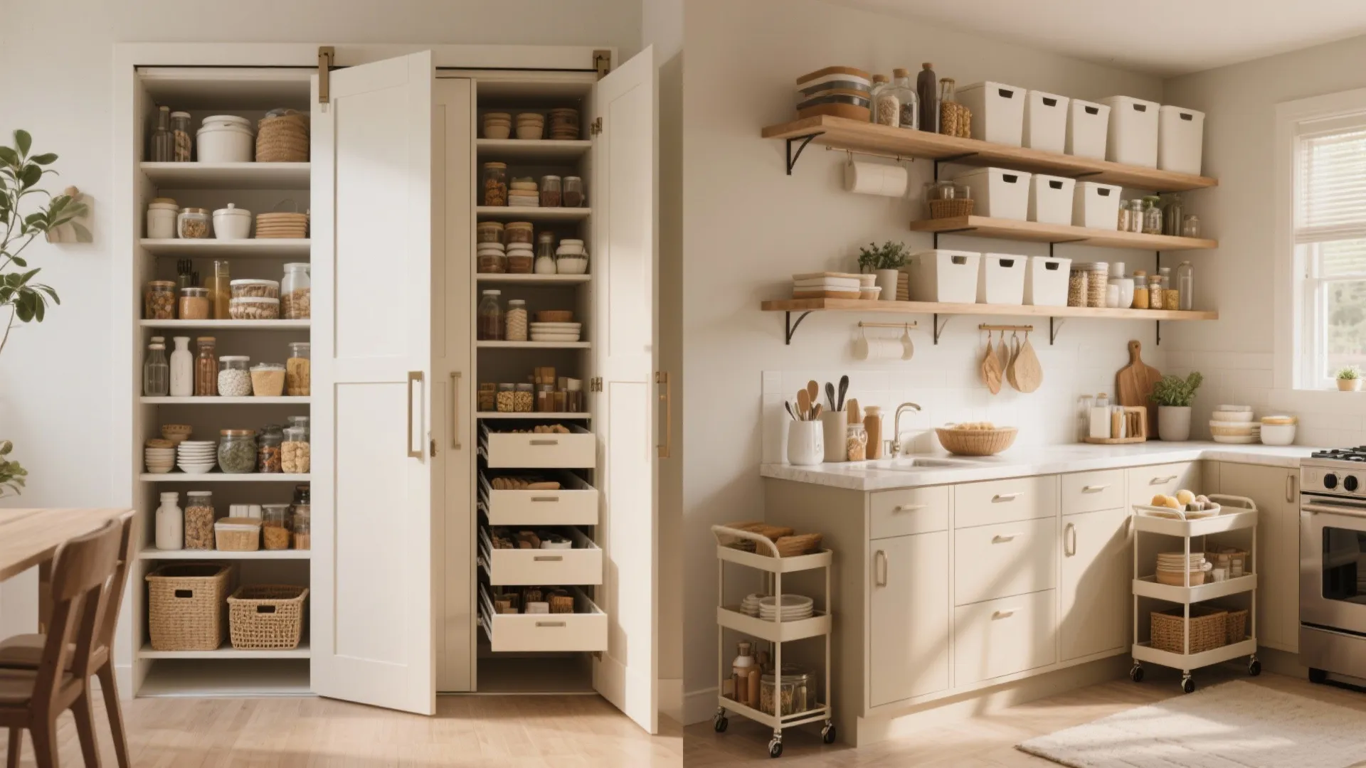 Comparison of a tall white pantry cabinet next to a kitchen with wooden wall shelves