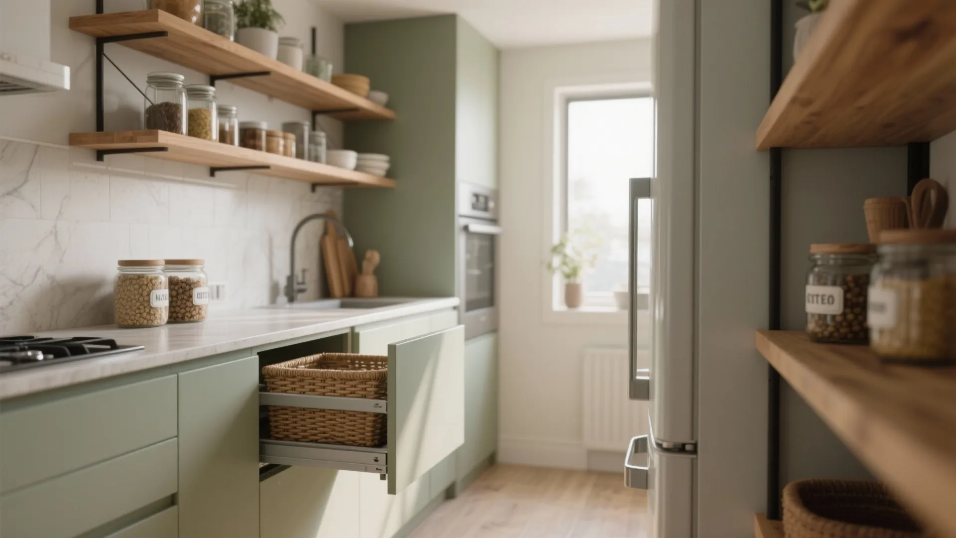 Sage green kitchen cabinets with wooden shelves and a drawer holding a woven storage basket