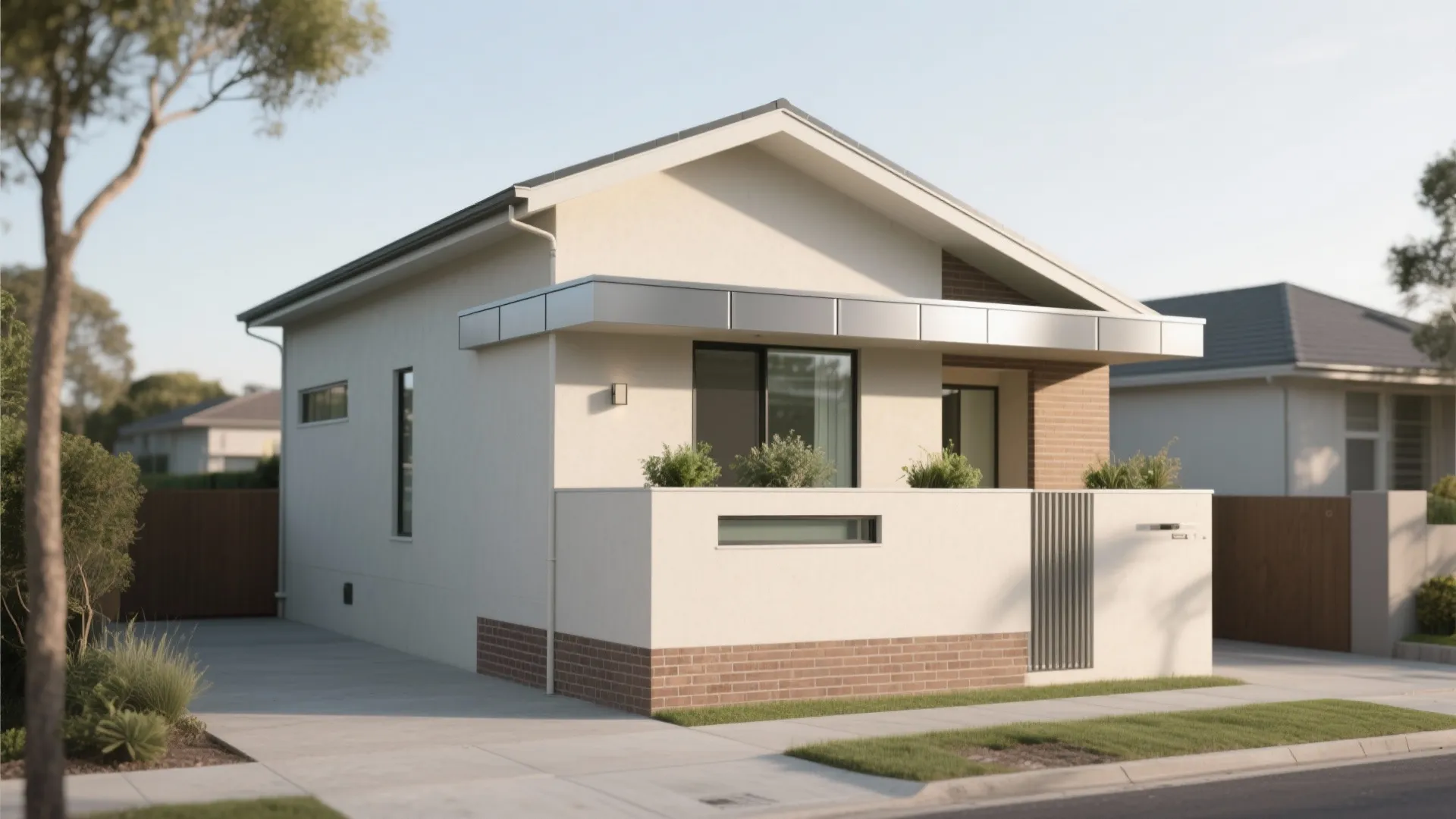 Small modern white home with brick foundation low front wall plants large window and driveway