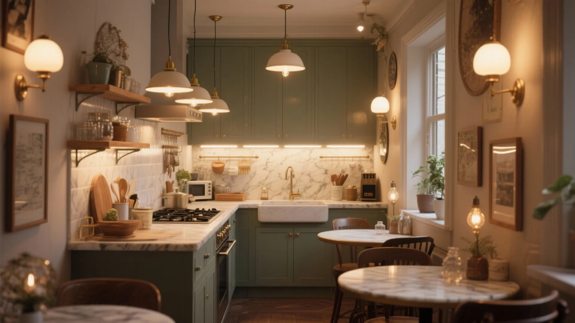 Small Parisian kitchen featuring green cabinets white marble counters wood floors and warm ceiling light fixtures