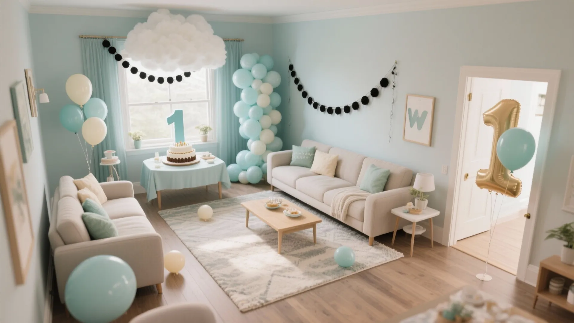 Spacious light blue living room layout with two sofas coffee table and blue party decorations