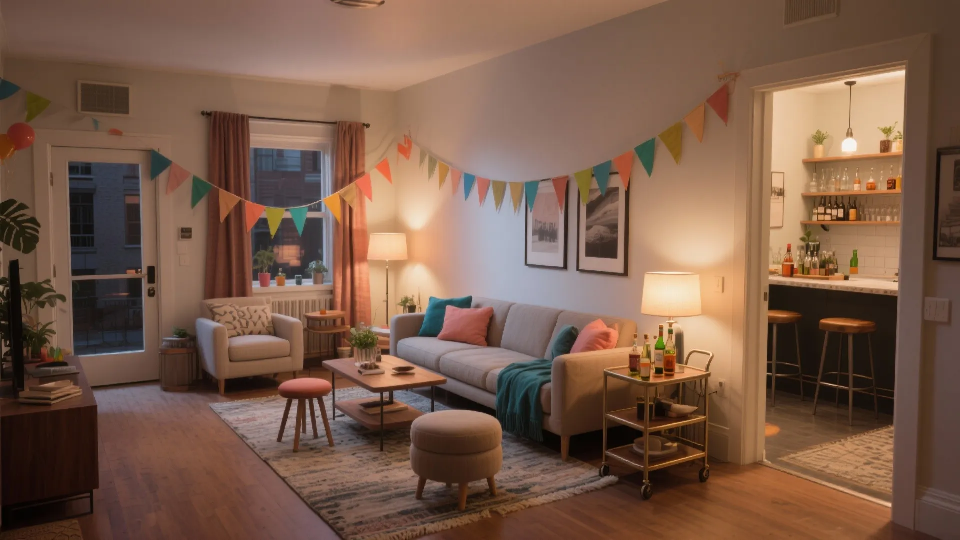 Cozy living room with grey sofa, colorful party flags, warm floor lamps, and kitchen bar