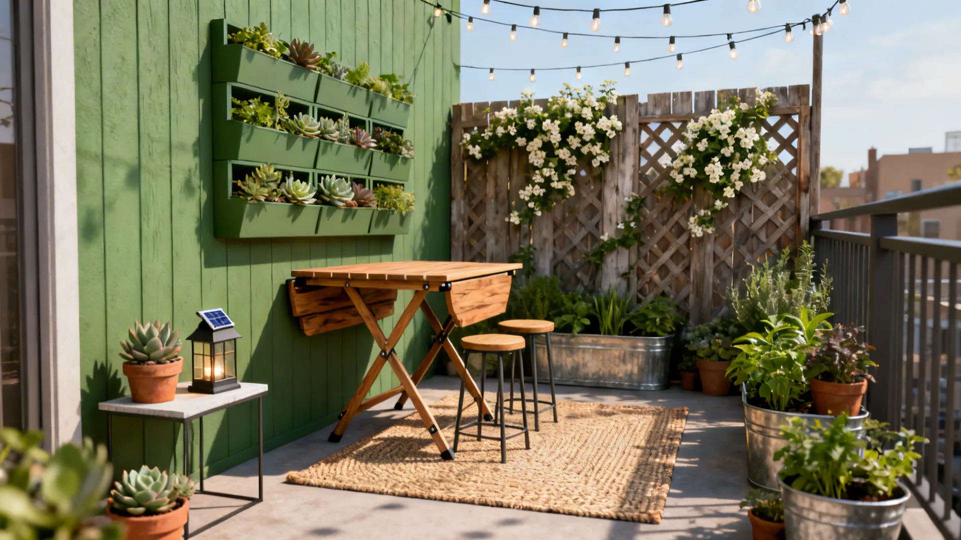 Small outdoor patio with green wall planters wooden folding table stools rug and string lights