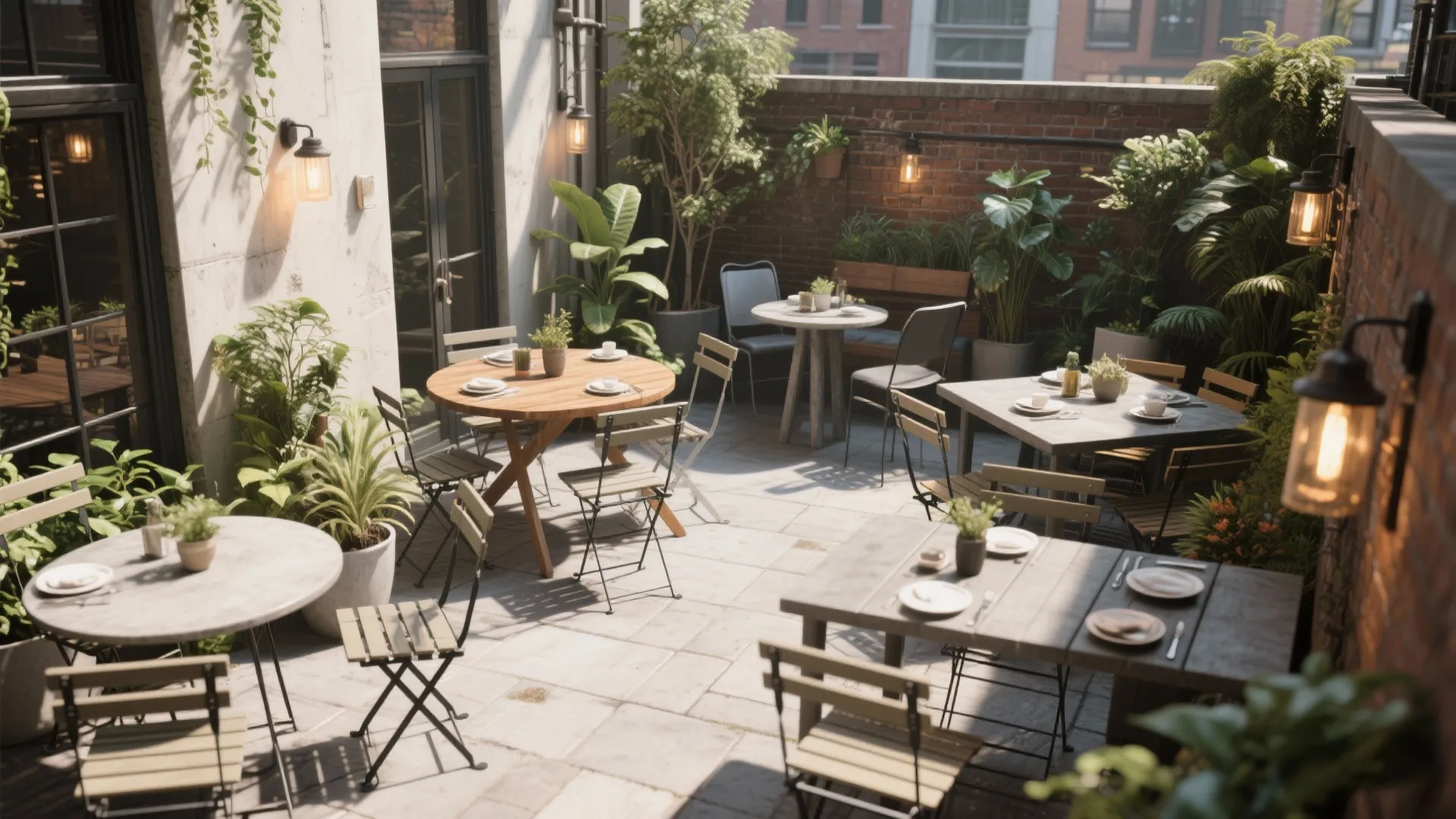 Small outdoor patio with multiple cafe tables and chairs surrounded by green plants and lights