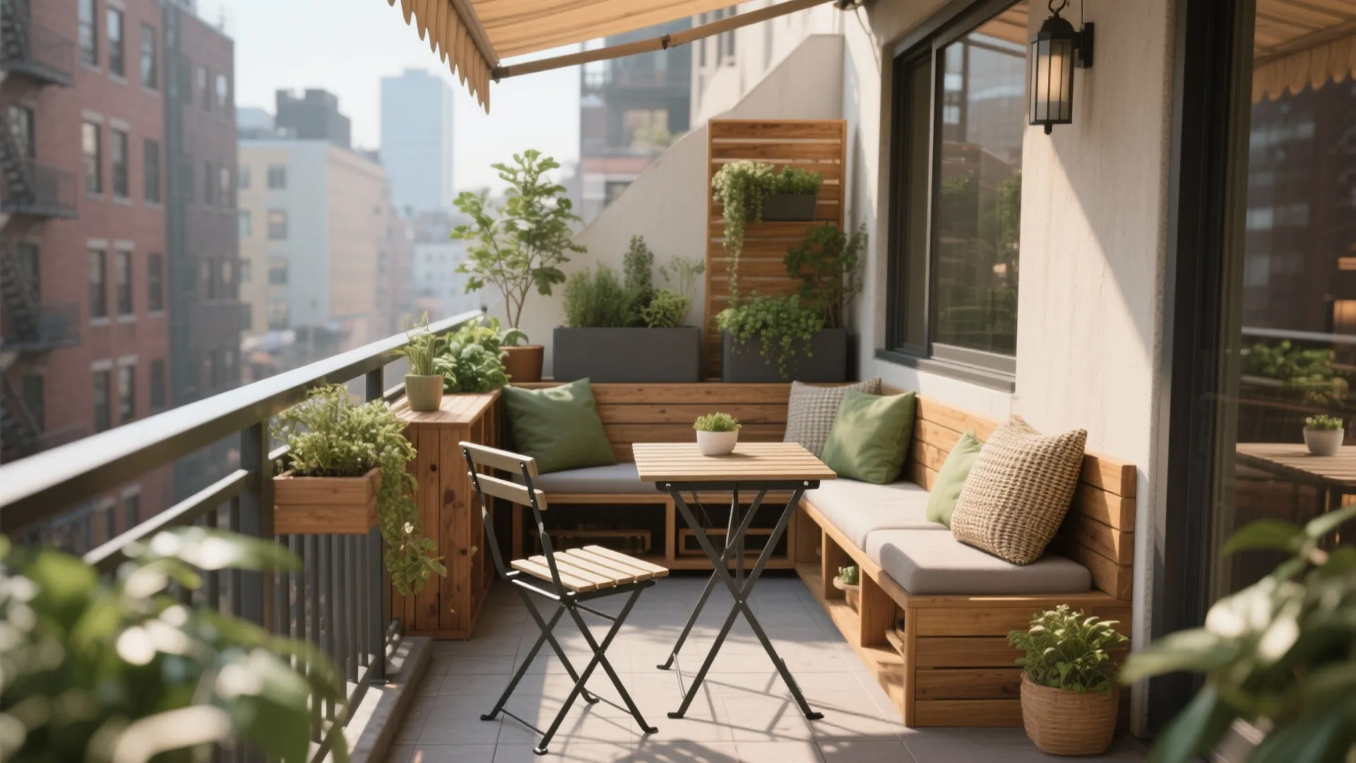 Small city balcony featuring wooden built-in seating green cushions folding table chair and potted plants