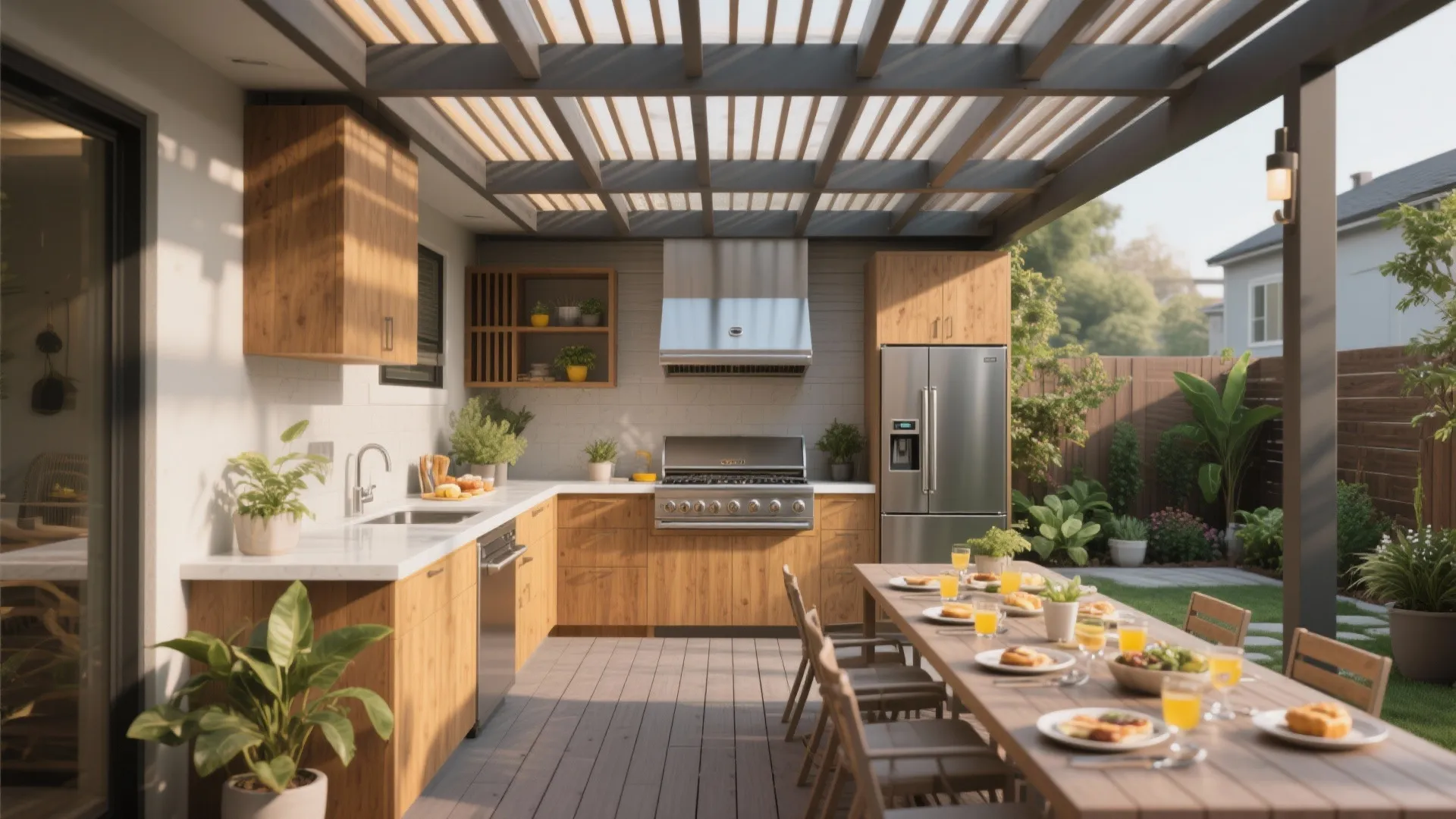 Outdoor kitchen with wood cabinets stainless steel appliances long wooden dining table and garden view