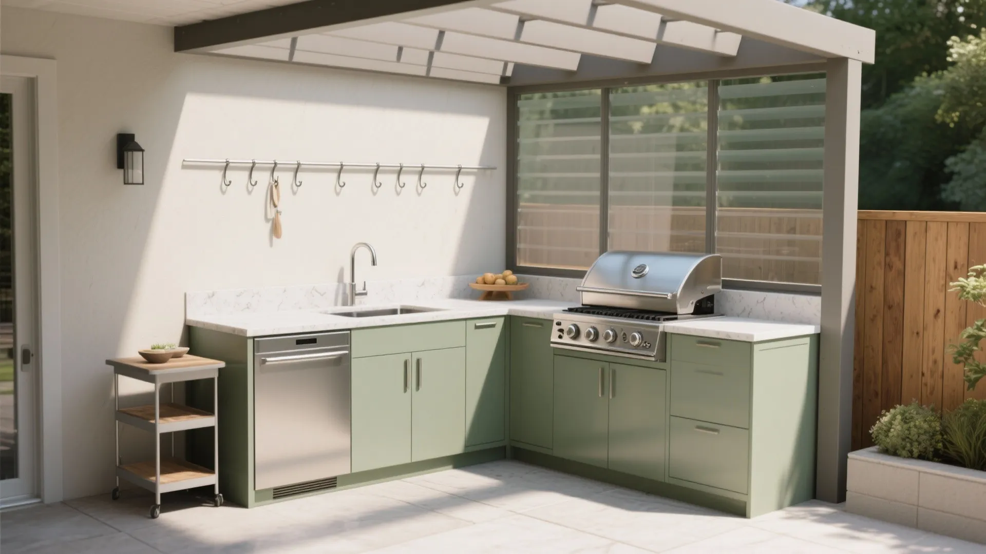 Outdoor kitchen design with green cabinets white countertop stainless grill sink and a wooden patio roof