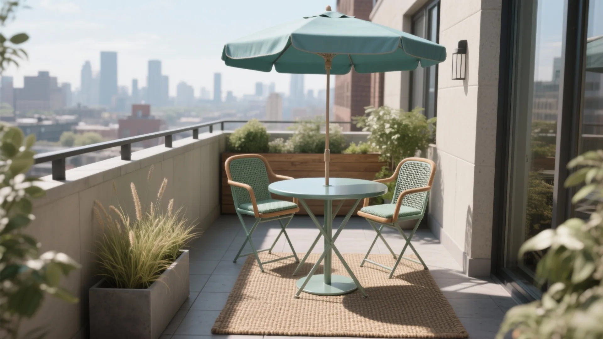 Modern city balcony featuring a green umbrella table and two chairs on a brown rug