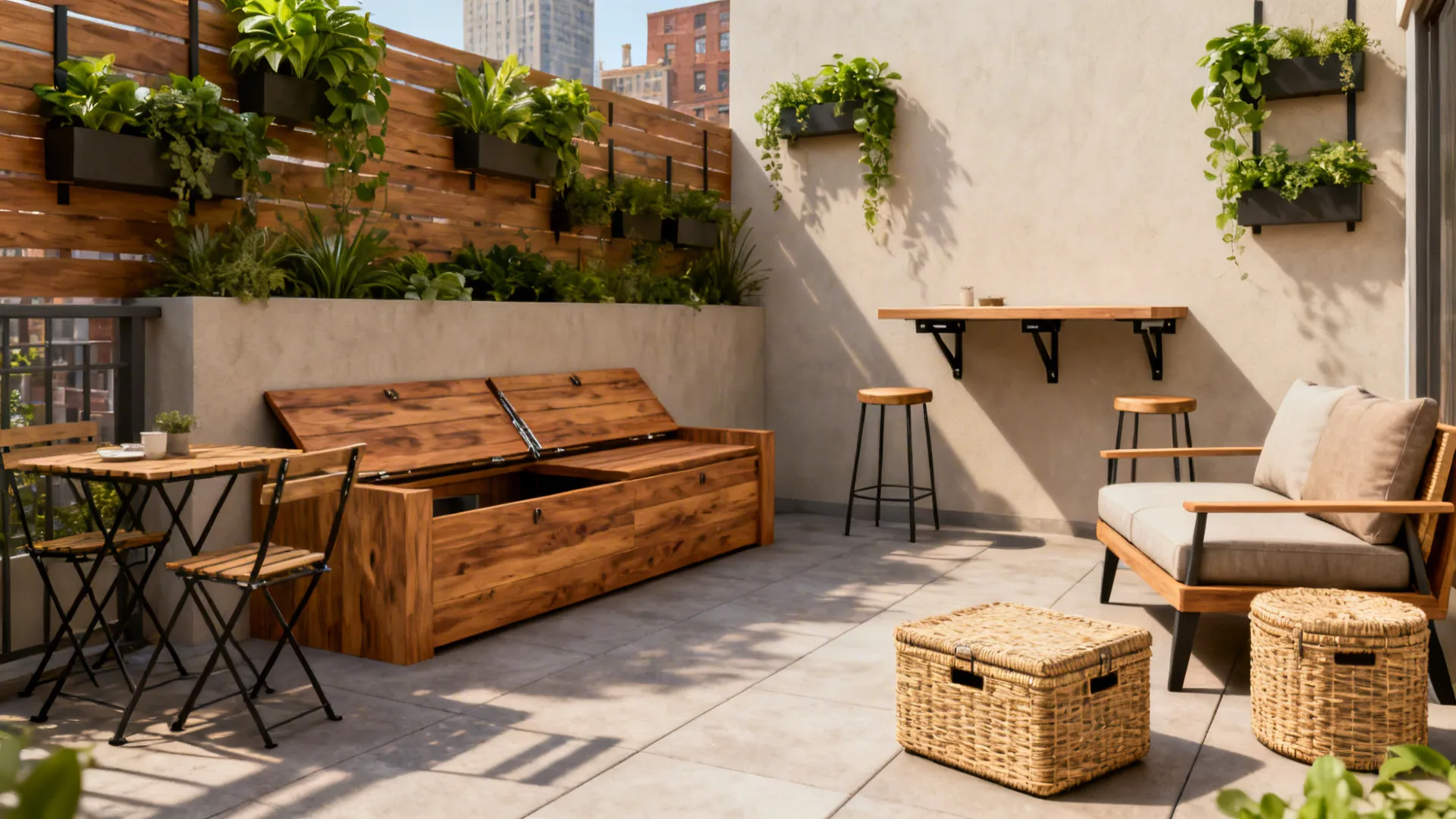 Modern outdoor patio with wooden storage bench sofa table stools bar counter and green plants