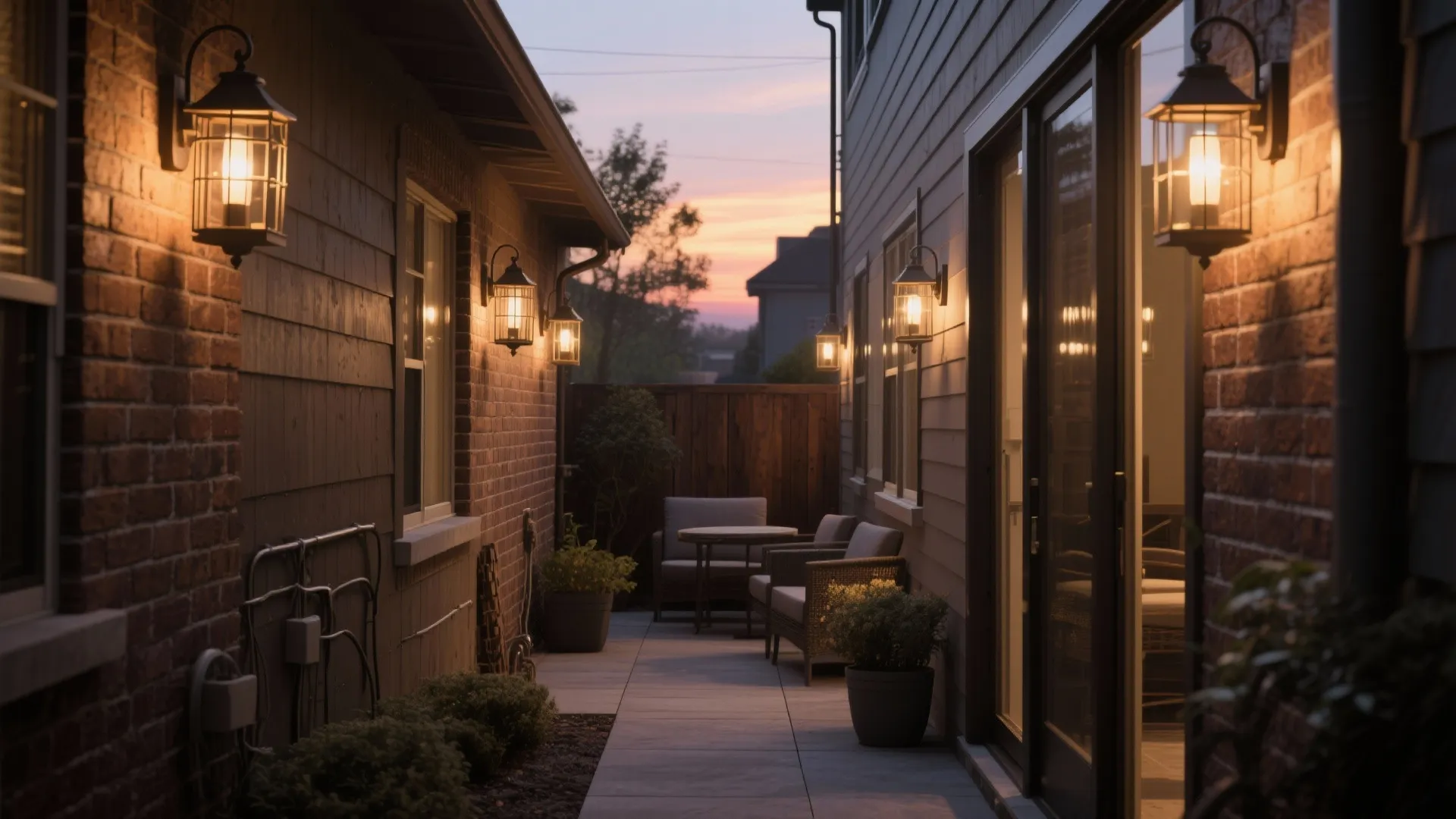 Narrow outdoor patio area with multiple wall lights glowing at sunset with chairs and table
